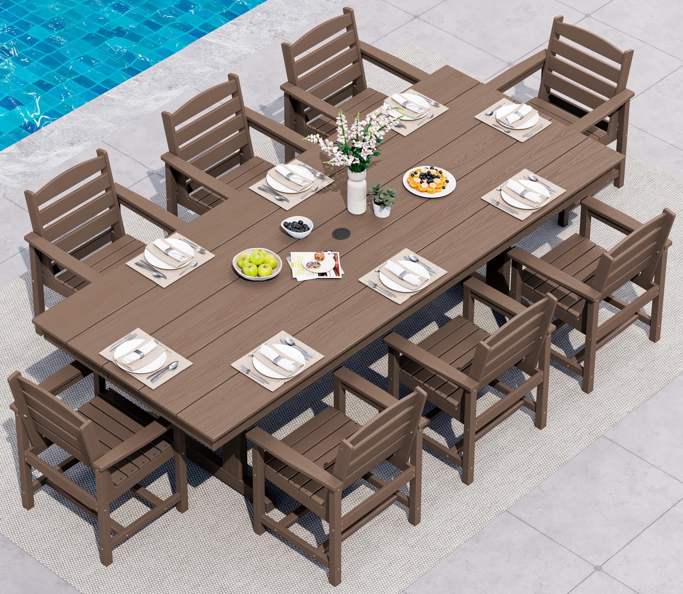 SERWALL 9 Piece Outdoor Dining Set, 84" HDPE Outdoor Table and Chairs for 8，All Weather Patio Dining Furniture Set with Umbrella Hole for Backyard, Garden, Black