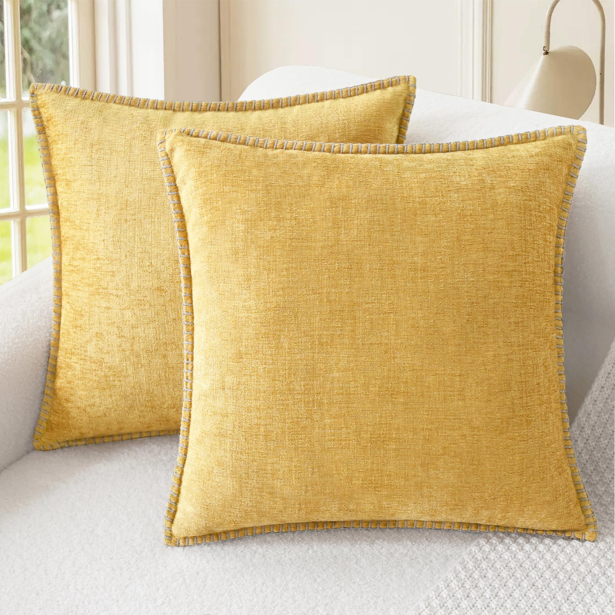 CaliTime Throw Pillow Covers Decorative 26 X 26 Inches Pack of 2 Cotton Thread Stitching Edges Solid Dyed Soft Chenille Cushion Cases for Couch Sofa Bed Living Room Farmhouse Coffee