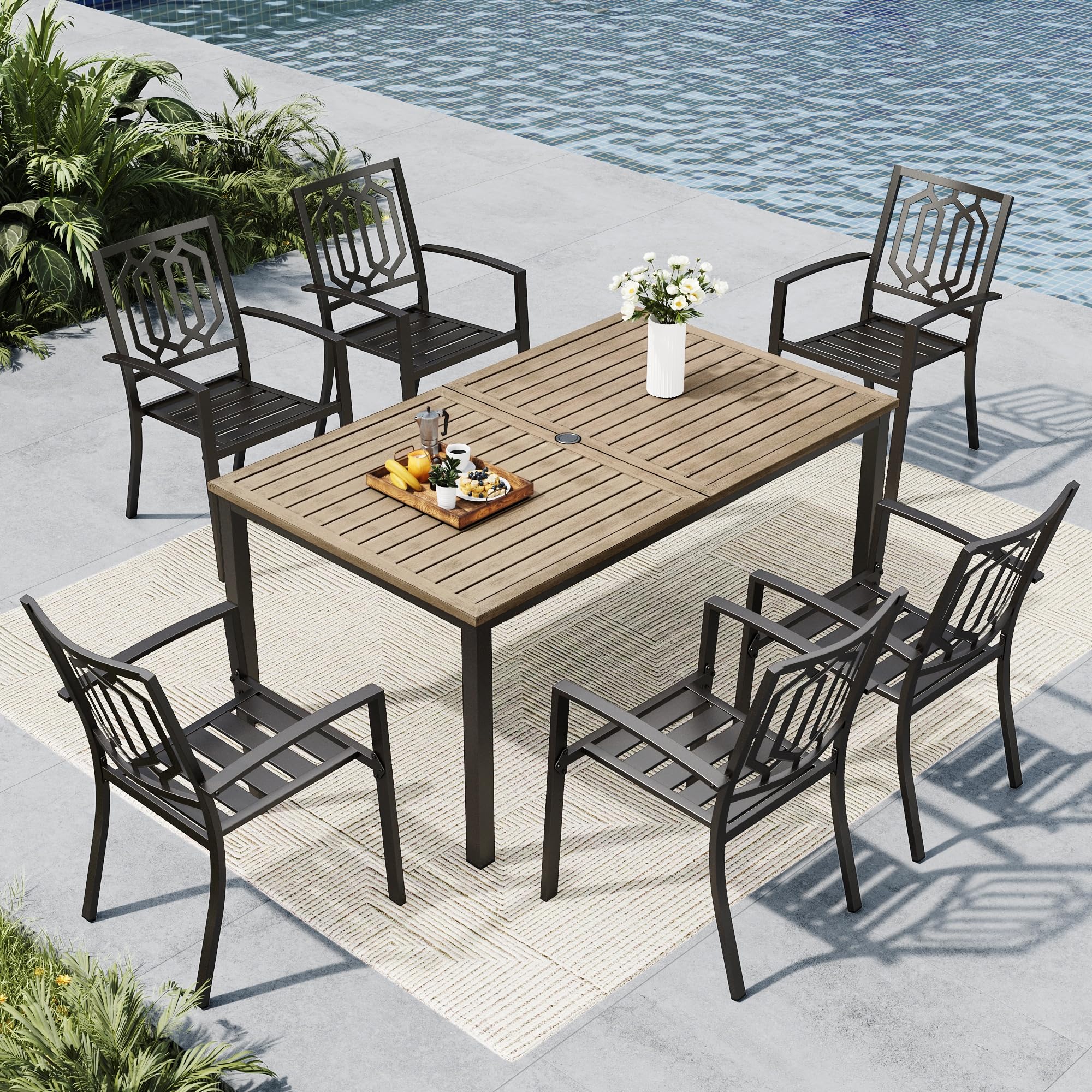 MFSTUDIO Outdoor Dining Set for 6, Patio Table and Chairs Set with Umbrella Hole, 7 Piece Metal Patio Furniture Set for Deck Backyard Poolside Garden