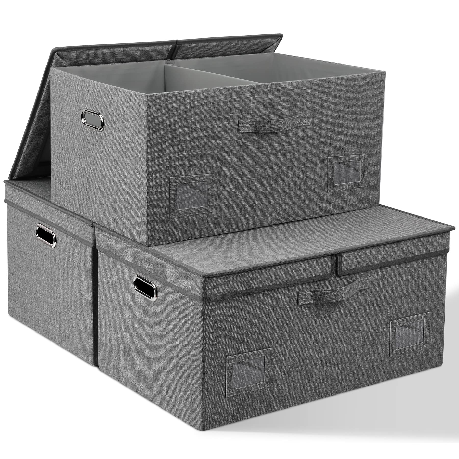 Graciadeco Large 17" 36 Quart Collapsible Stackable Storage Bins with Lids, 3 Packs Dark Gray Foldable Fabric Closet Storage Boxes with Lids, Heavy-duty Linen Cube Baskets(17x12x11)