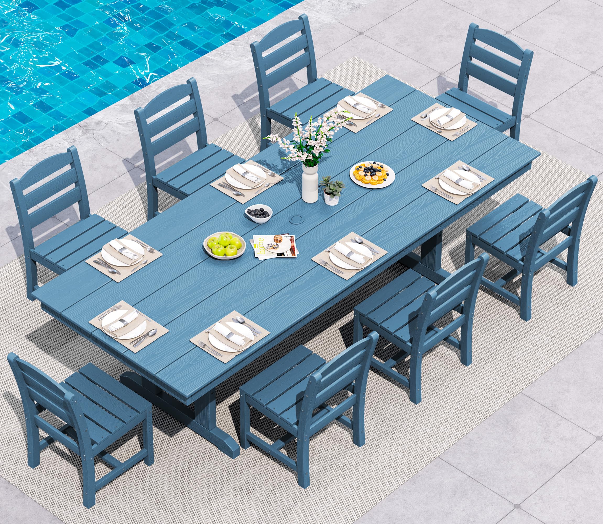 SERWALL 9 Piece Outdoor Dining Set, 84" HDPE Outdoor Table and Chairs for 8，All Weather Patio Dining Furniture Set with Umbrella Hole for Backyard, Garden, Black