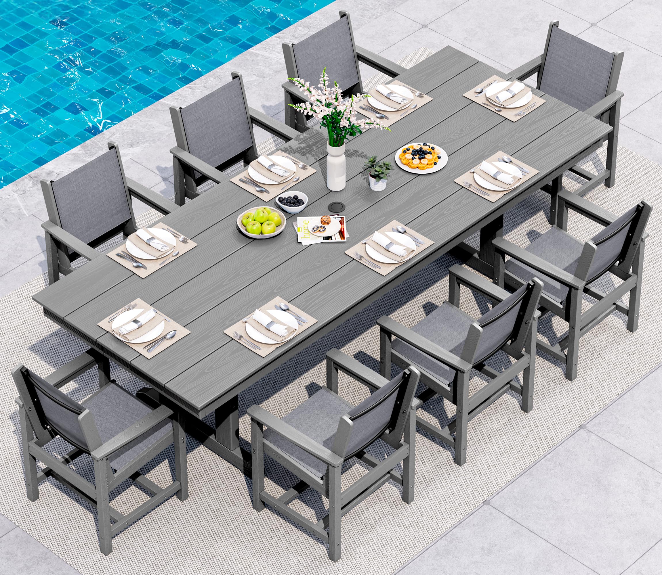 SERWALL 9 Piece Outdoor Dining Set, 84" HDPE Outdoor Table and Chairs for 8，All Weather Patio Dining Furniture Set with Umbrella Hole for Backyard, Garden, Black