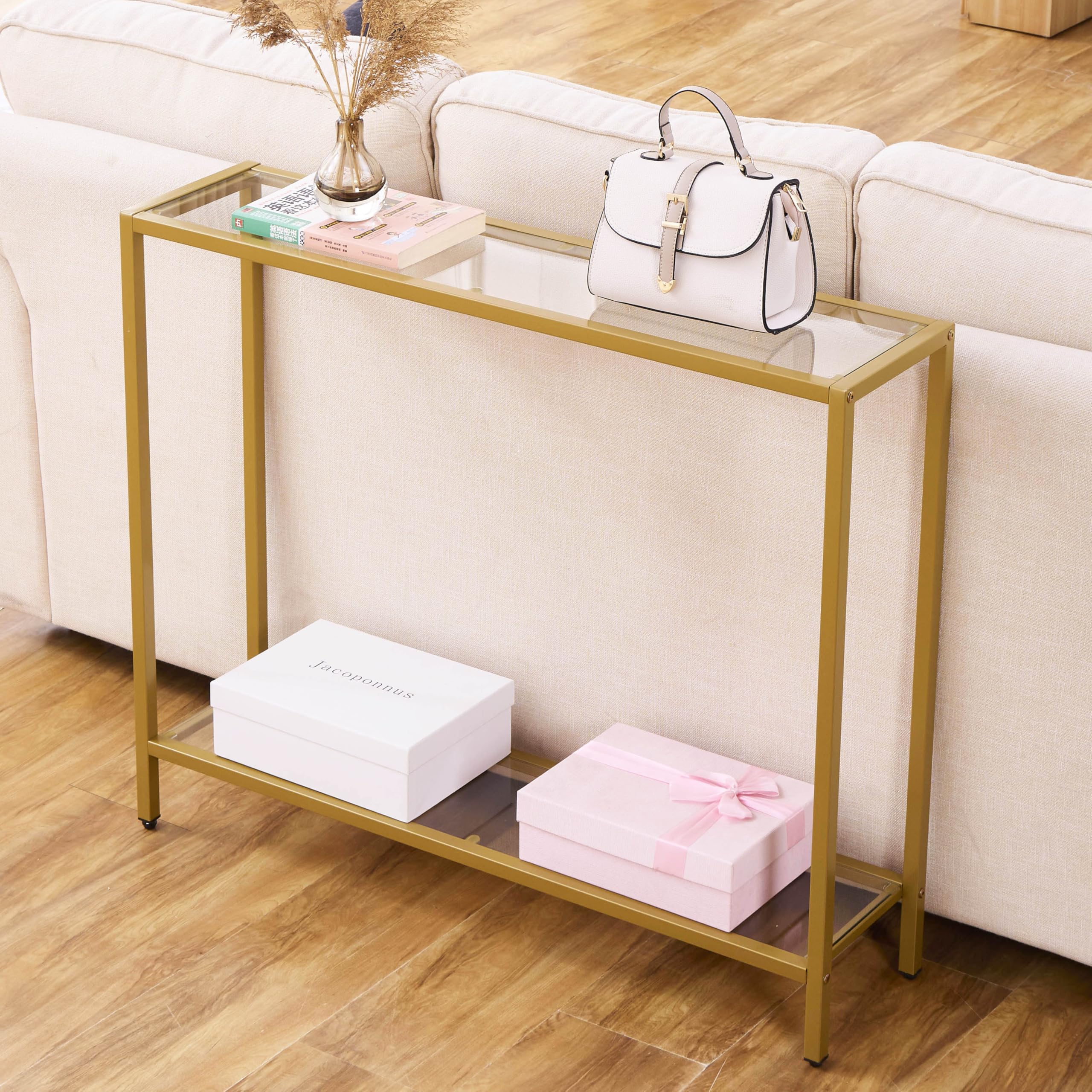 MAJARO Small Modern Console Table for Entryway, Tempered Glass with Metal Frame Sofa Table for Living Room, Hallway, Office (Single-Layer, Black)