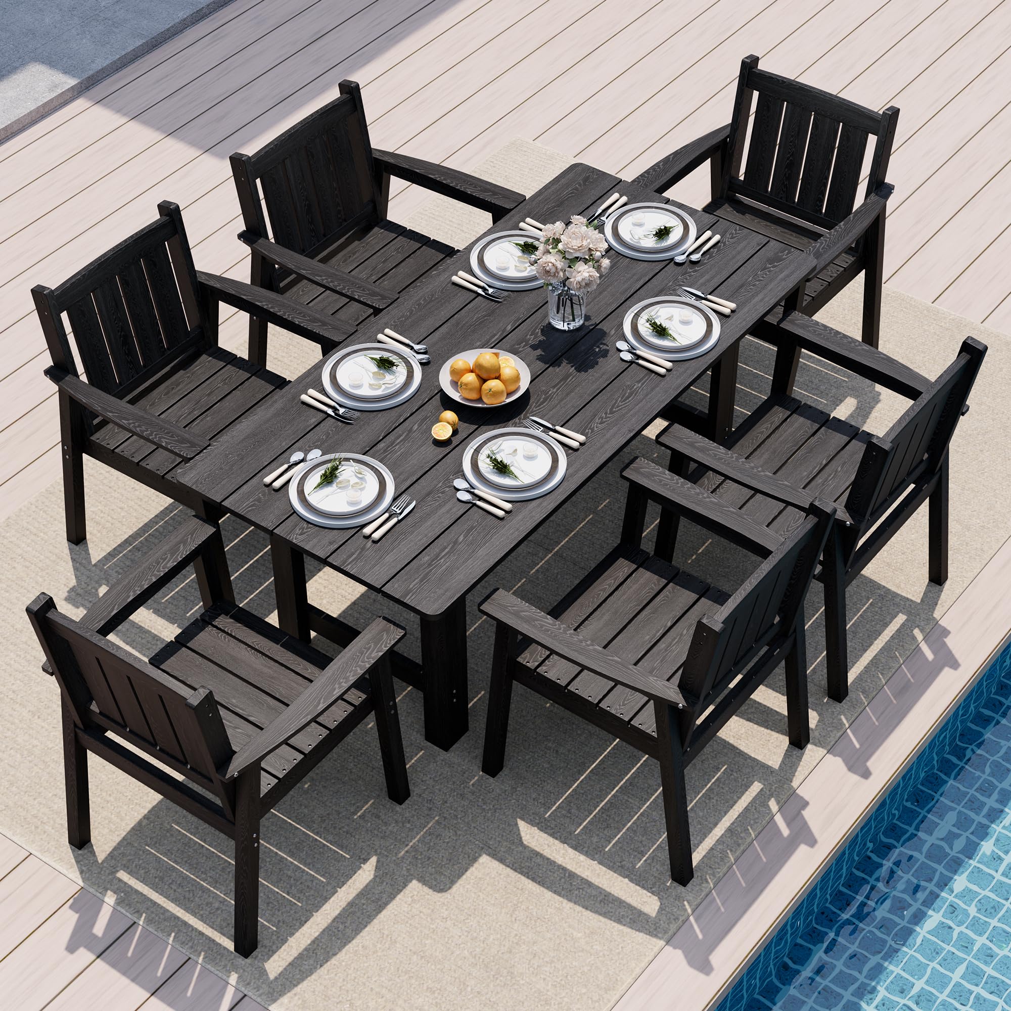 Pamapic 5 PCS Outdoor Dining Set, Spacious HDPE Outdoor Table and Chairs, Wood Grain Patio Furniture Sets with Elegant Armrest, All-Weather Patio Dining Table with Umbrella Hole, Gray