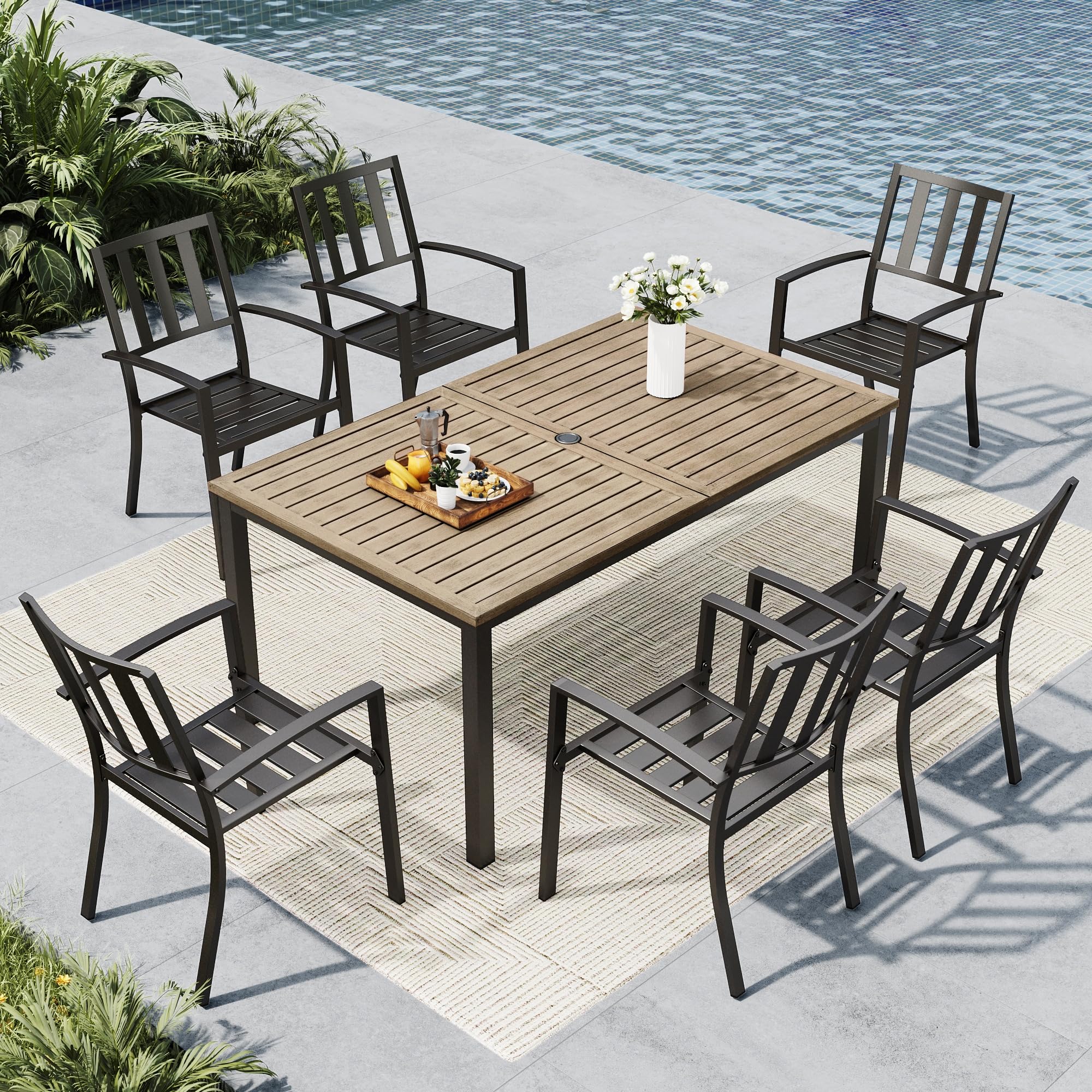 MFSTUDIO Outdoor Dining Set for 6, Patio Table and Chairs Set with Umbrella Hole, 7 Piece Metal Patio Furniture Set for Deck Backyard Poolside Garden