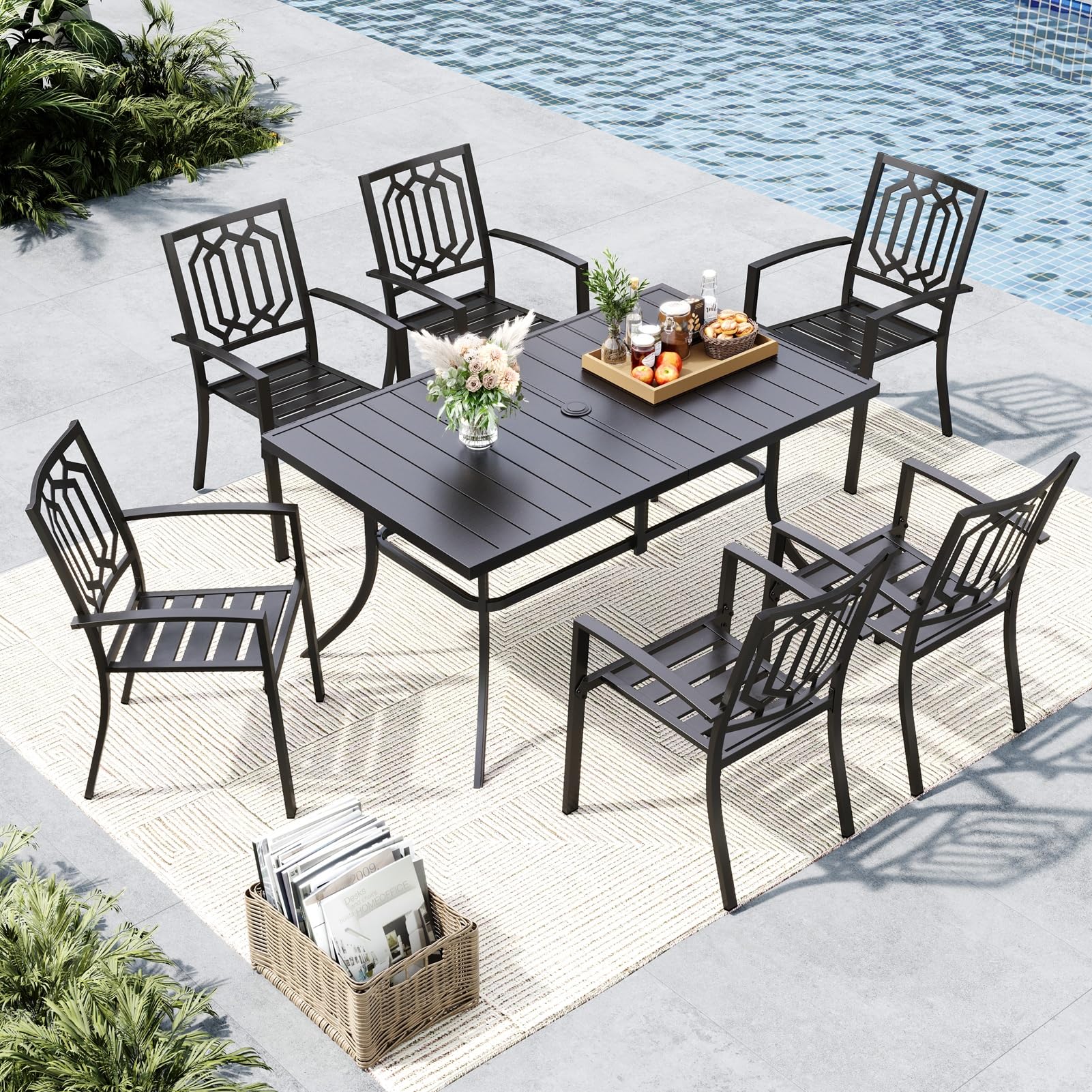 MFSTUDIO Outdoor Dining Set for 6, Patio Table and Chairs Set with Umbrella Hole, 7 Piece Metal Patio Furniture Set for Deck Backyard Poolside Garden