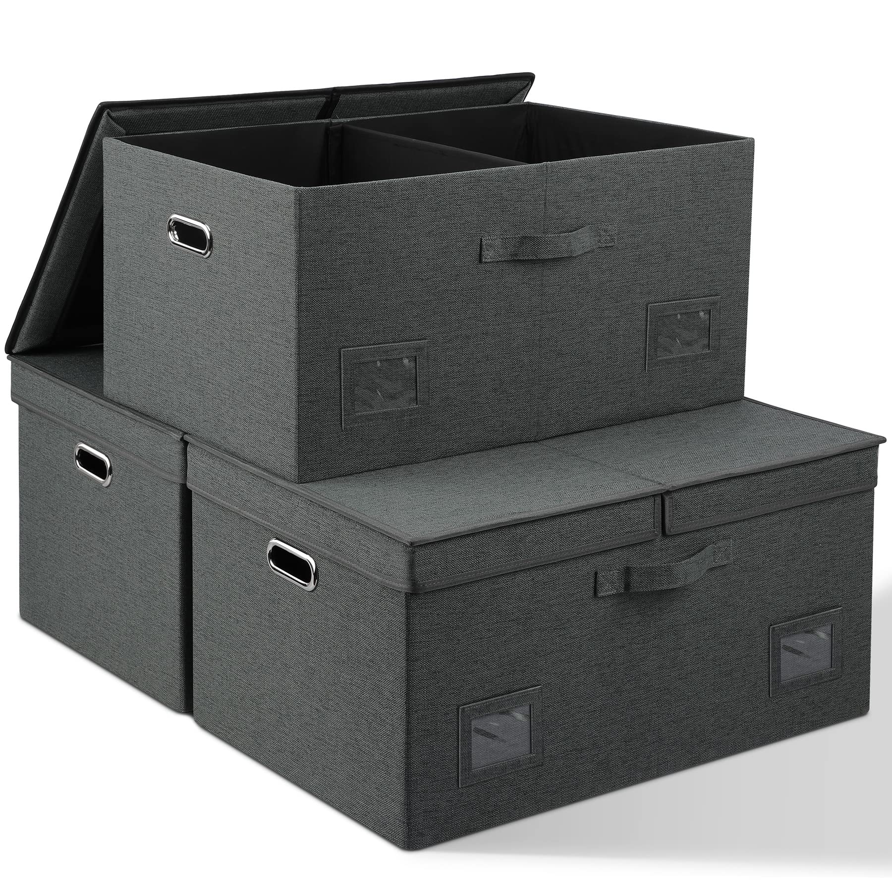 Graciadeco Large 17" 36 Quart Collapsible Stackable Storage Bins with Lids, 3 Packs Dark Gray Foldable Fabric Closet Storage Boxes with Lids, Heavy-duty Linen Cube Baskets(17x12x11)