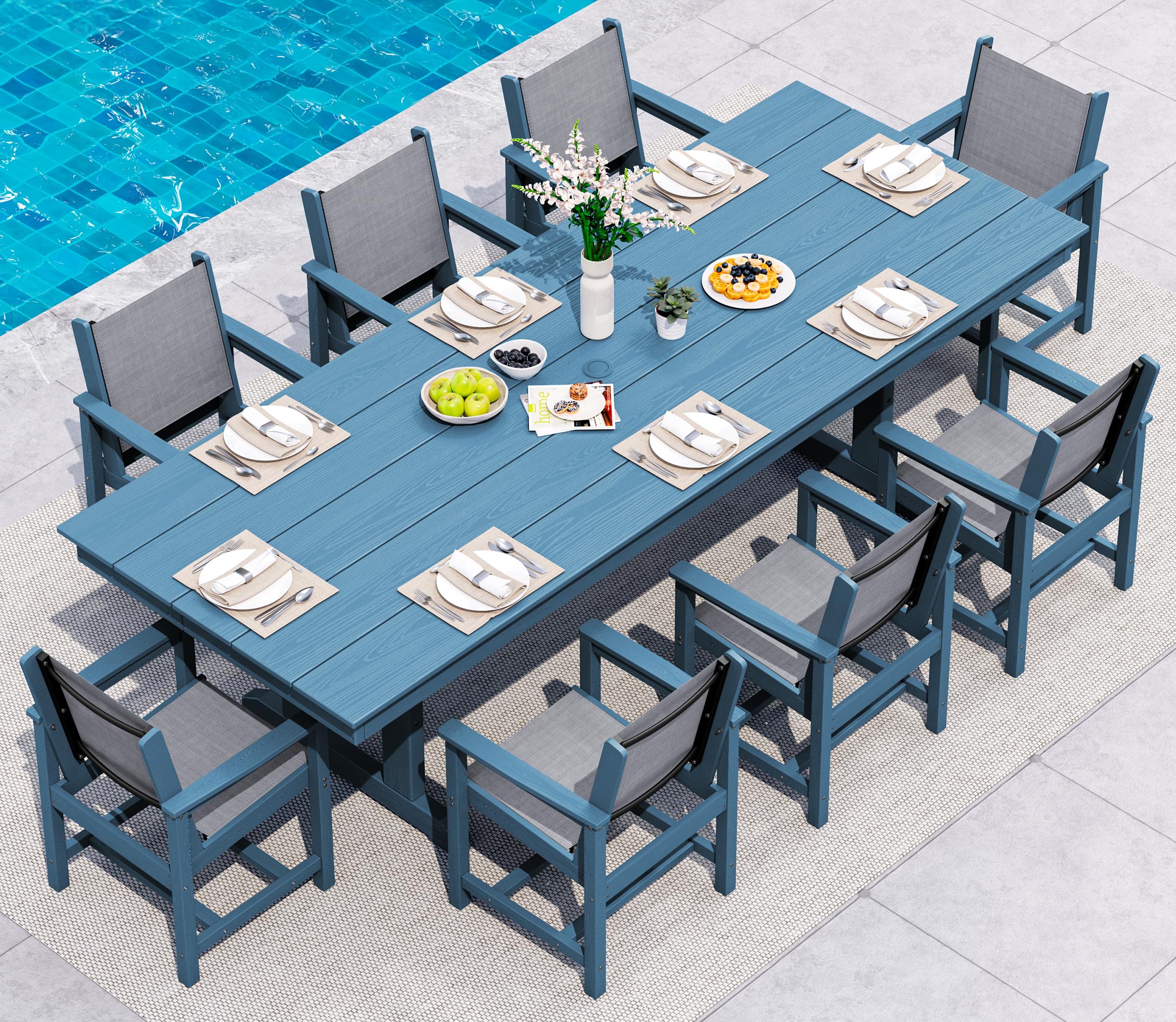 SERWALL 9 Piece Outdoor Dining Set, 84" HDPE Outdoor Table and Chairs for 8，All Weather Patio Dining Furniture Set with Umbrella Hole for Backyard, Garden, Black