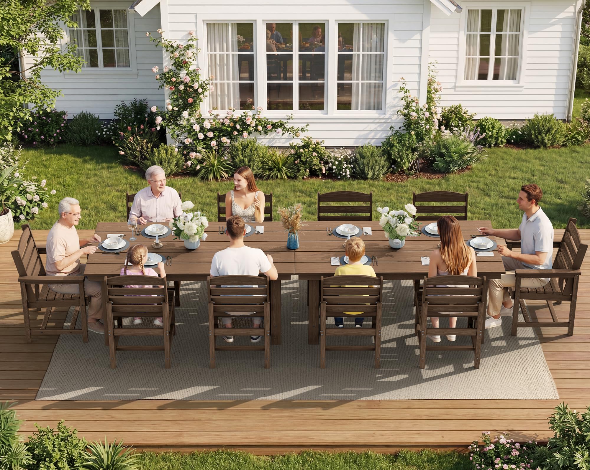 SERWALL Outdoor HDPE Dining Table Set, 7-Piece Outdoor Dining Table Sets with Umbrella Hole Cut-Out Table and 6 Chairs, Gray