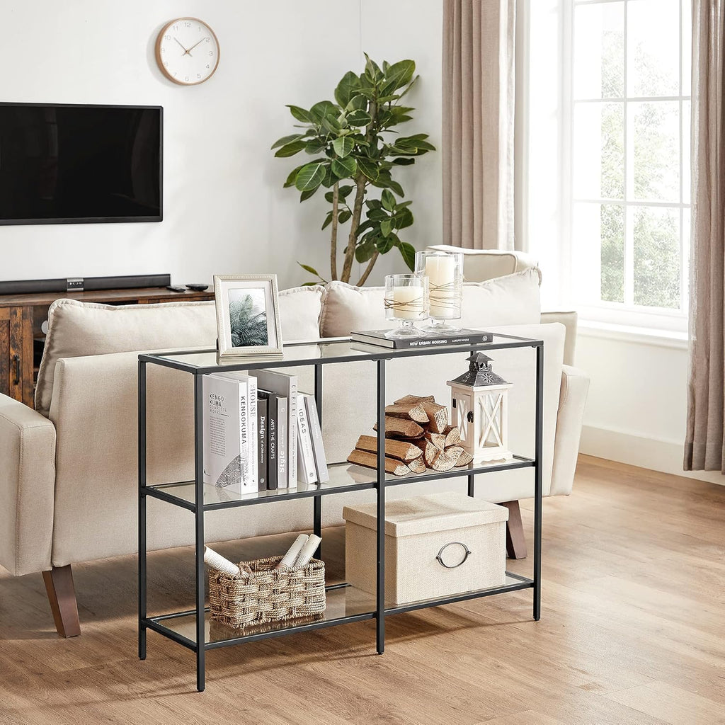 VASAGLE 39.4 Inch Console Table with 3 Shelves, Sofa Tables, Modern Entryway Table, Metal Frame, Tempered Glass Shelf, Entryway Living Room Bedroom, Classic Black and Transparent ULGT027B01