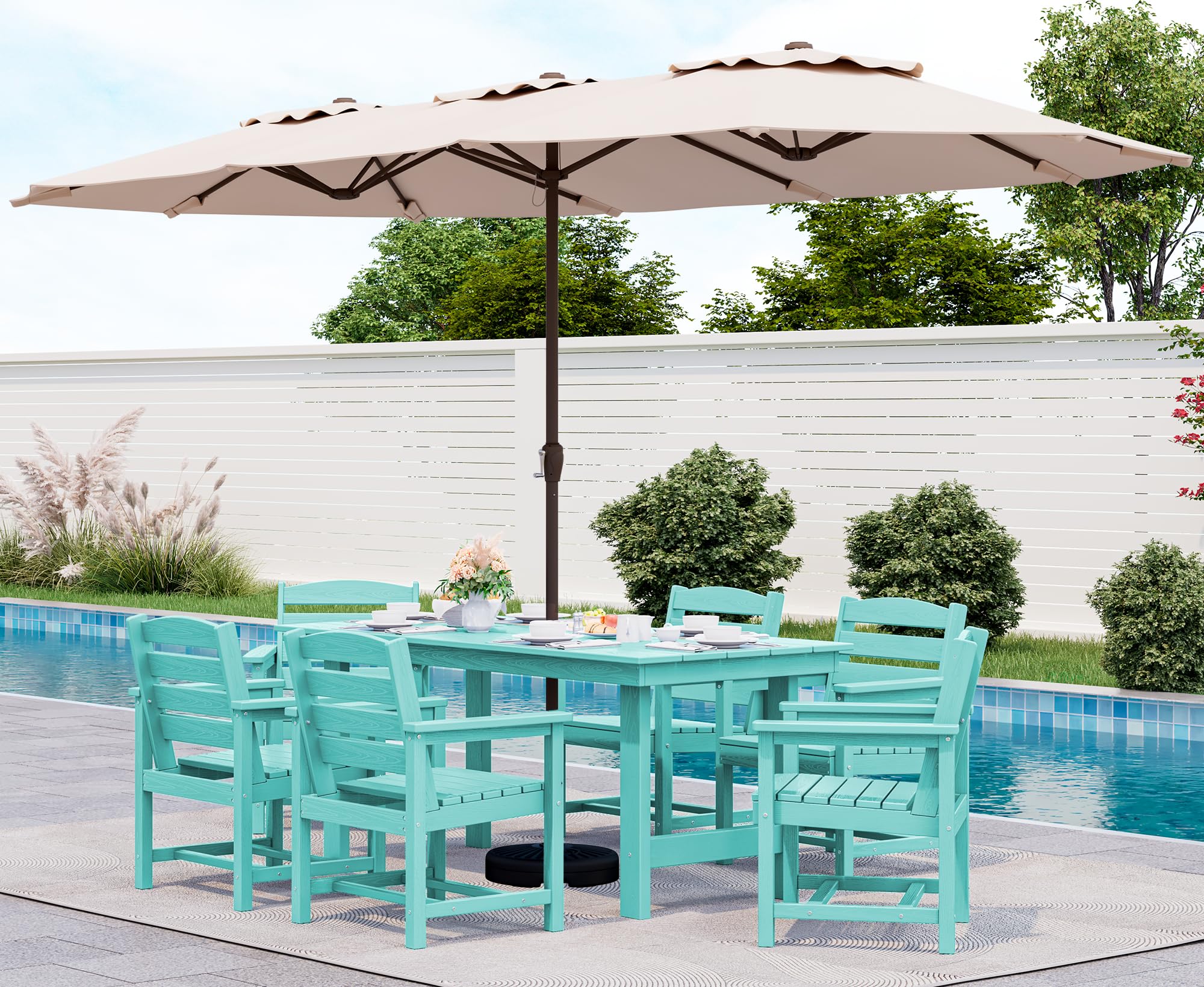 SERWALL Outdoor HDPE Dining Table Set, 7-Piece Outdoor Dining Table Sets with Umbrella Hole Cut-Out Table and 6 Chairs, Gray