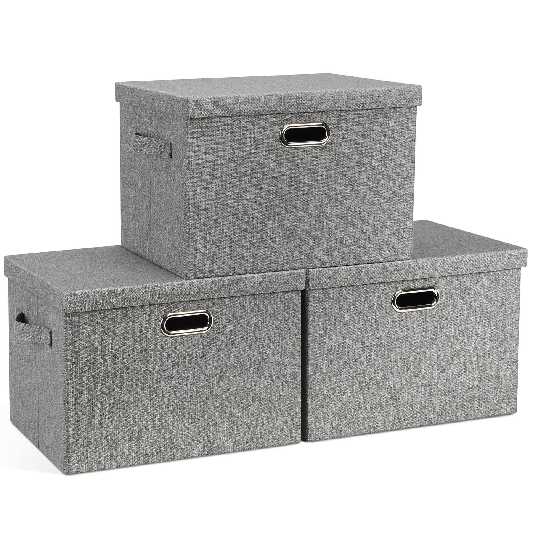 Graciadeco Large 17" 36 Quart Collapsible Stackable Storage Bins with Lids, 3 Packs Dark Gray Foldable Fabric Closet Storage Boxes with Lids, Heavy-duty Linen Cube Baskets(17x12x11)