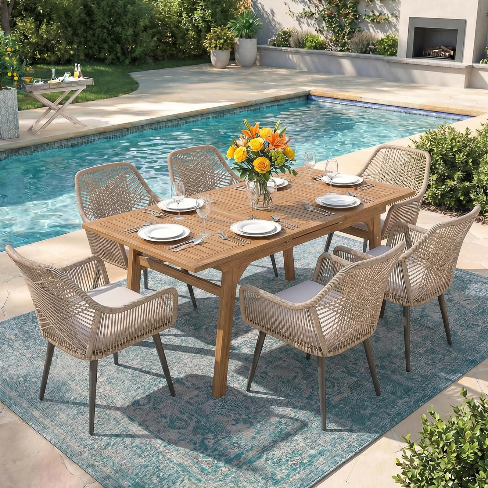 Patiorama 7-Piece Outdoor Dining Set, Patio Wicker Dining Table Chair Set with 55"-71" Acacia Wood Expandable Table & Twisted Rattan Rope Chairs, All-Weather Dining Furniture Set for Yard Garden, Tan