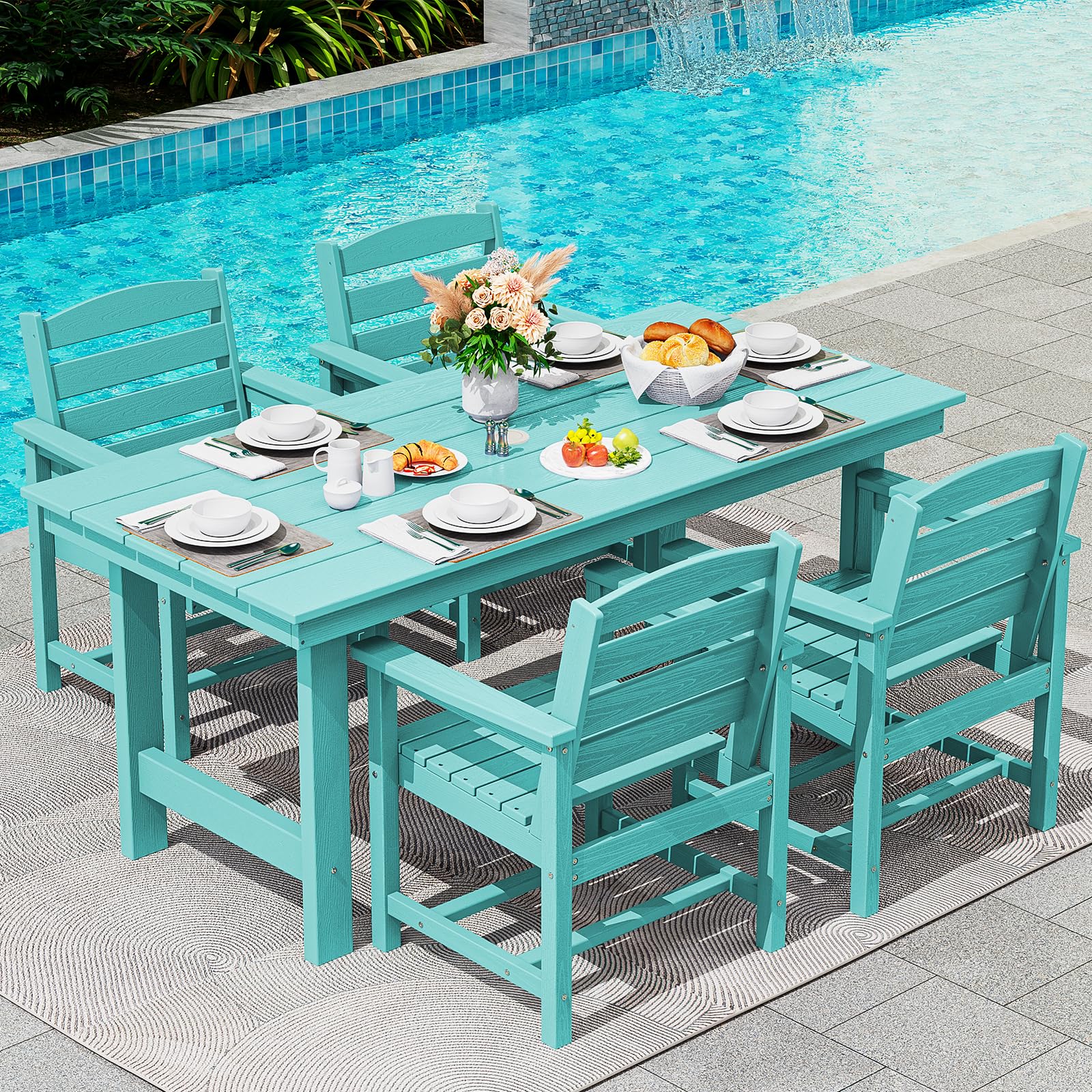 SERWALL Outdoor HDPE Dining Table Set, 7-Piece Outdoor Dining Table Sets with Umbrella Hole Cut-Out Table and 6 Chairs, Gray