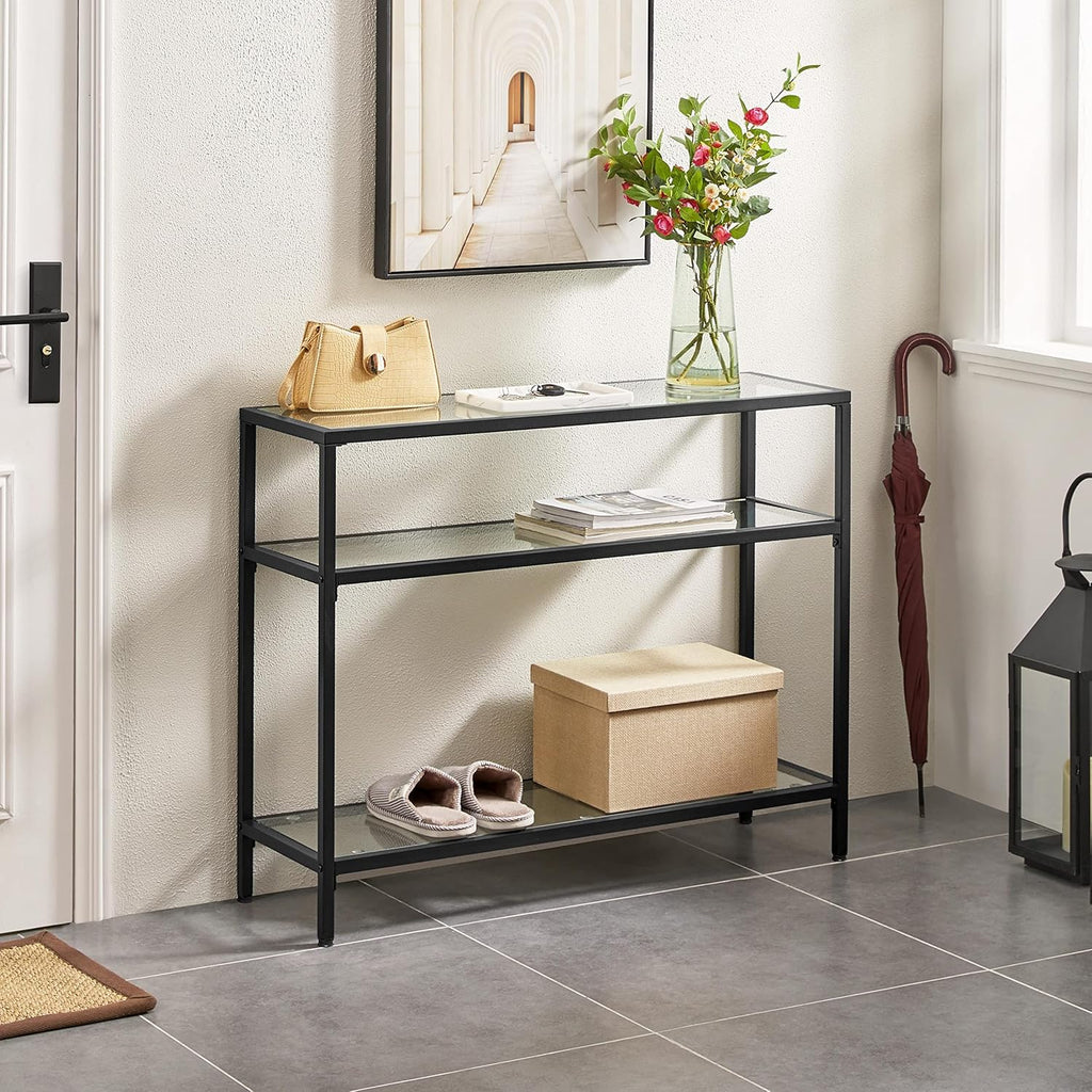 Yaheetech 39.5" Console Table with 3 Storage Shelves,Tempered Glass Sofa Table, Modern Entryway Tables with Metal Frame for Hallway Living Room Bedroom, Easy Assembly, Black
