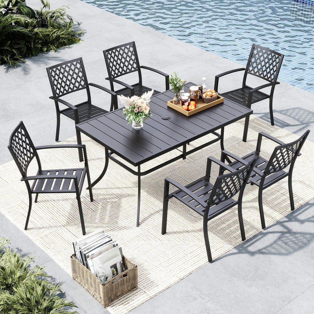 MFSTUDIO Outdoor Dining Set for 6, Patio Table and Chairs Set with Umbrella Hole, 7 Piece Metal Patio Furniture Set for Deck Backyard Poolside Garden