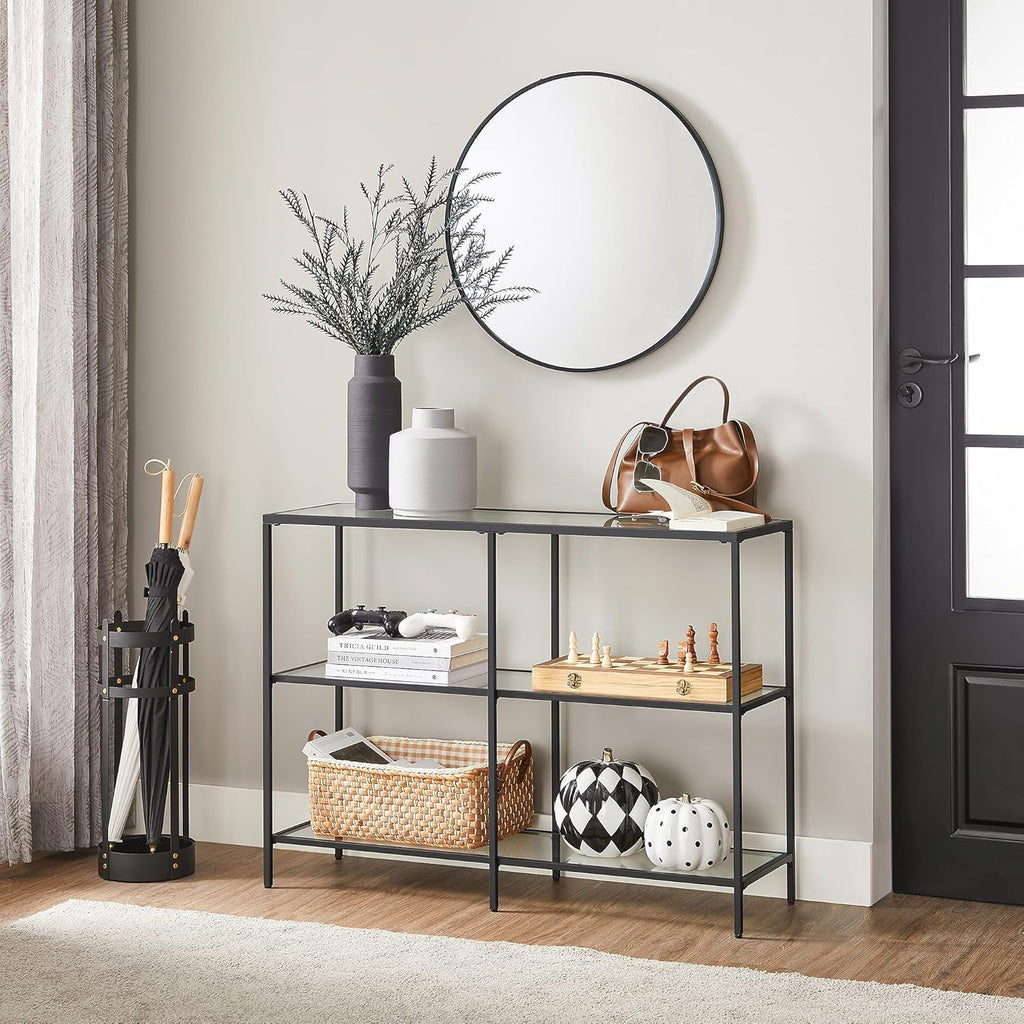 VASAGLE 39.4 Inch Console Table with 3 Shelves, Sofa Tables, Modern Entryway Table, Metal Frame, Tempered Glass Shelf, Entryway Living Room Bedroom, Classic Black and Transparent ULGT027B01