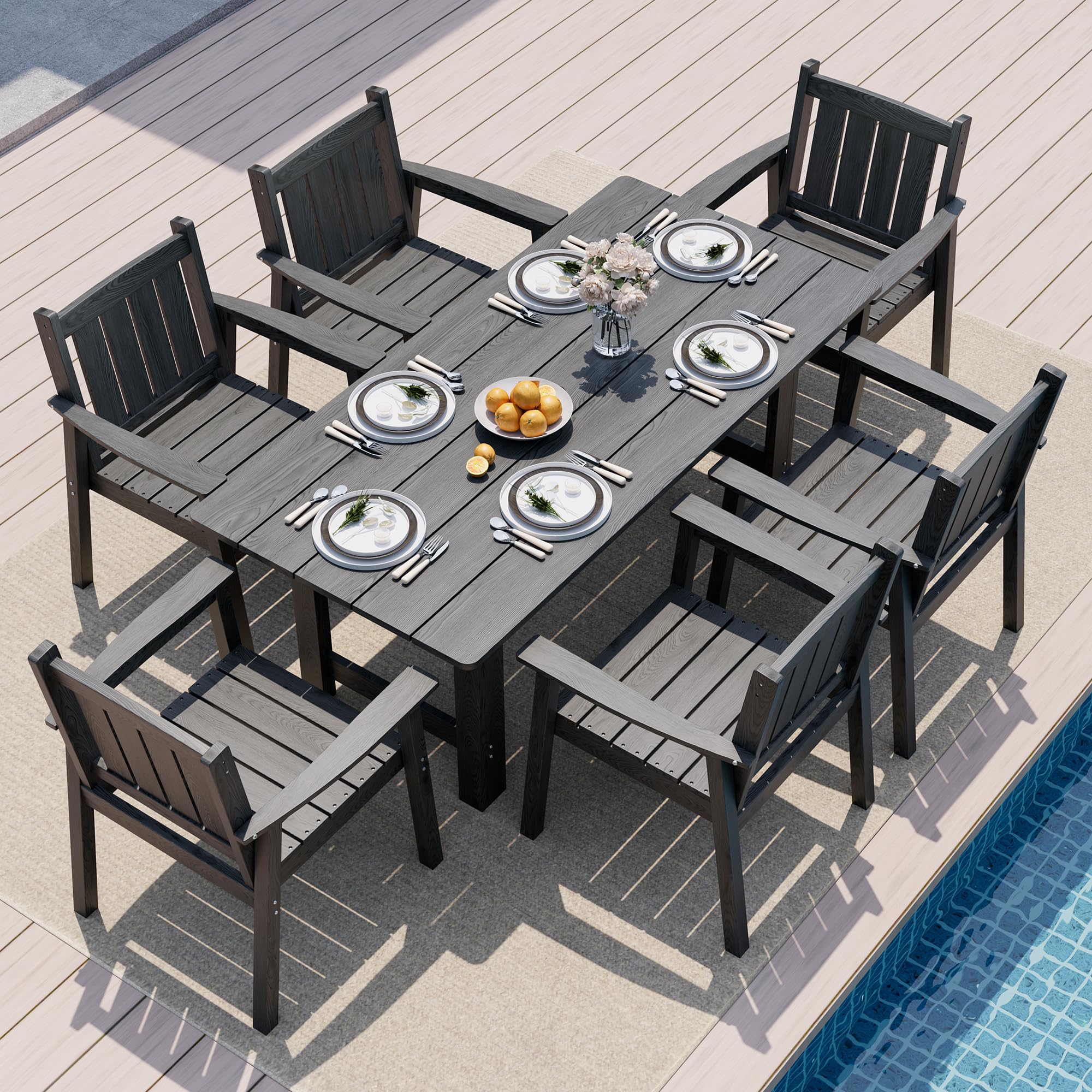 Pamapic 5 PCS Outdoor Dining Set, Spacious HDPE Outdoor Table and Chairs, Wood Grain Patio Furniture Sets with Elegant Armrest, All-Weather Patio Dining Table with Umbrella Hole, Gray