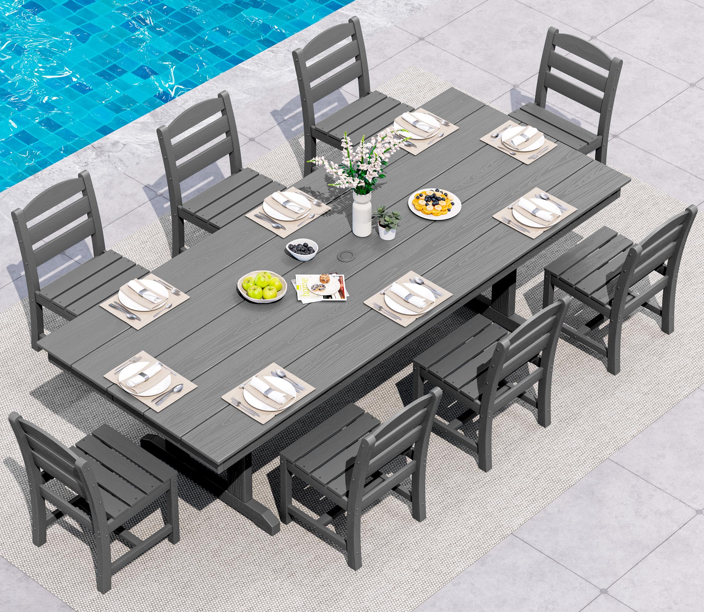 SERWALL 9 Piece Outdoor Dining Set, 84" HDPE Outdoor Table and Chairs for 8，All Weather Patio Dining Furniture Set with Umbrella Hole for Backyard, Garden, Black
