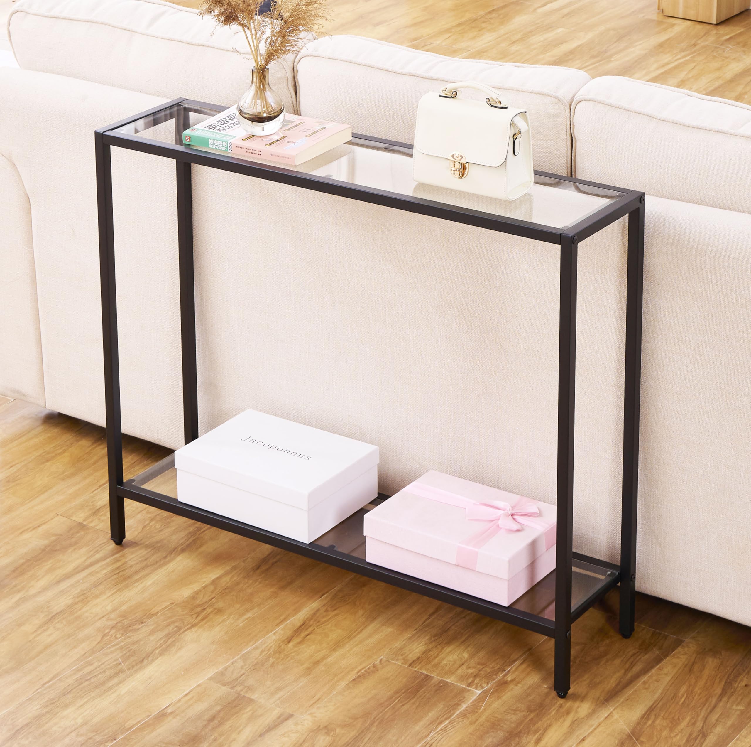 MAJARO Small Modern Console Table for Entryway, Tempered Glass with Metal Frame Sofa Table for Living Room, Hallway, Office (Single-Layer, Black)