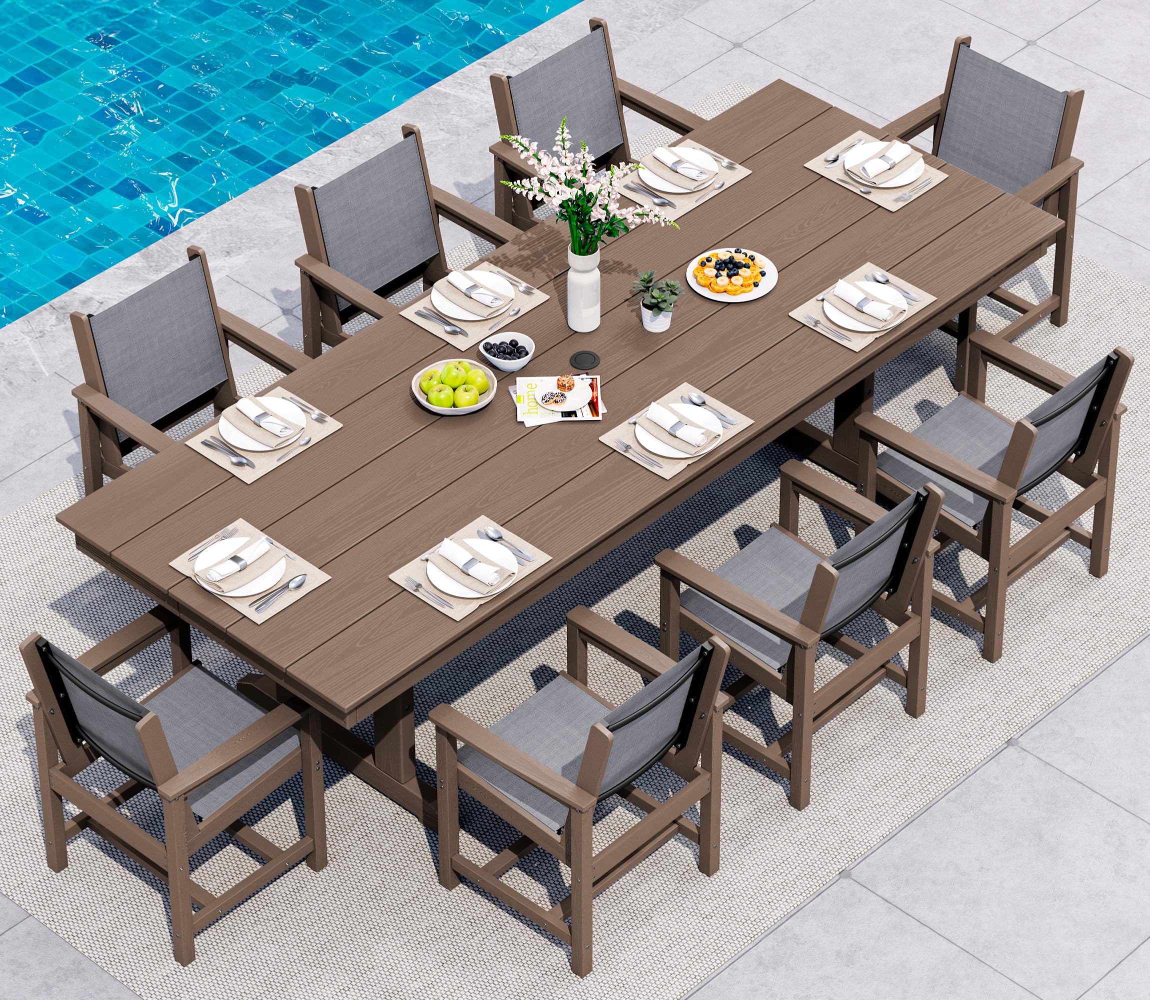 SERWALL 9 Piece Outdoor Dining Set, 84" HDPE Outdoor Table and Chairs for 8，All Weather Patio Dining Furniture Set with Umbrella Hole for Backyard, Garden, Black