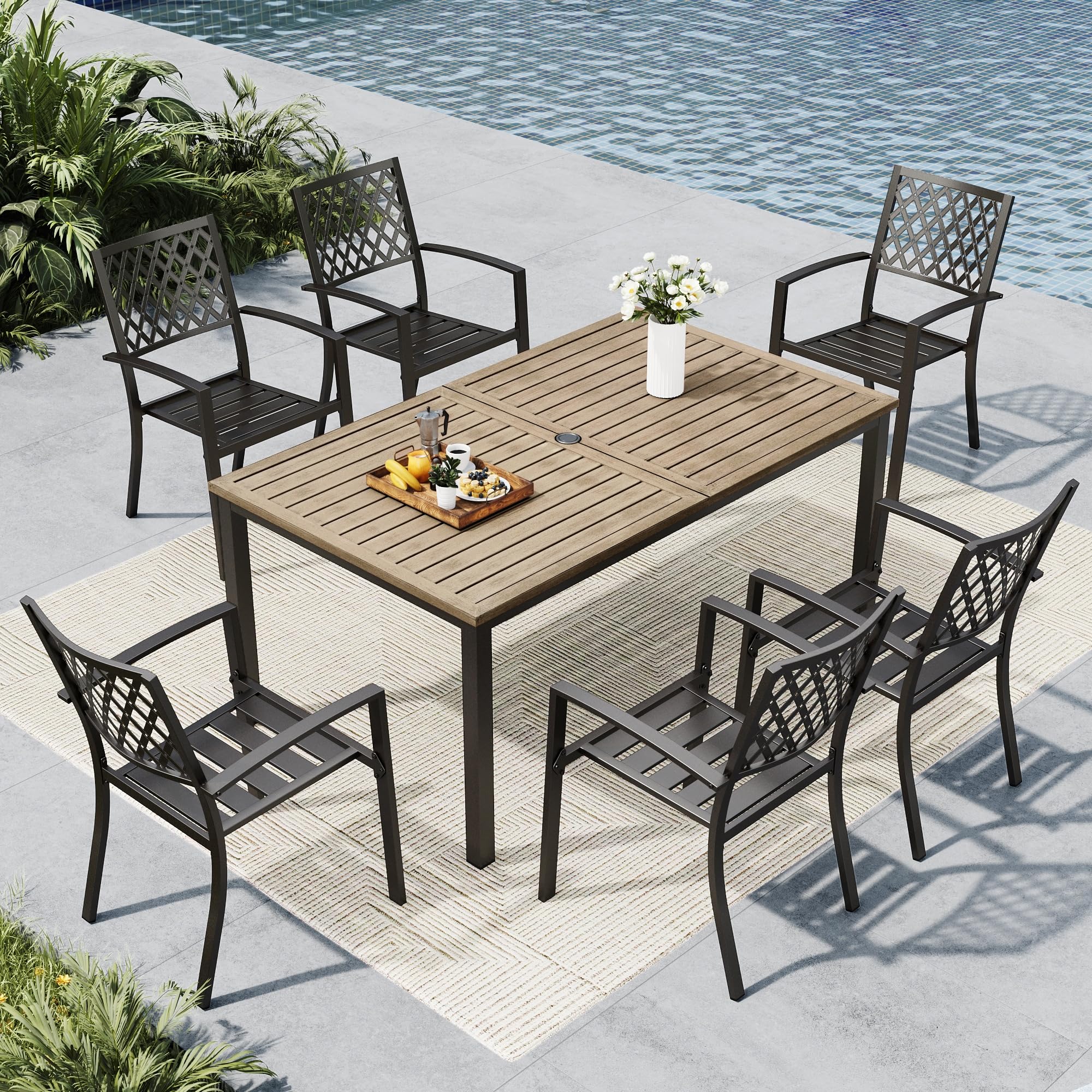 MFSTUDIO Outdoor Dining Set for 6, Patio Table and Chairs Set with Umbrella Hole, 7 Piece Metal Patio Furniture Set for Deck Backyard Poolside Garden