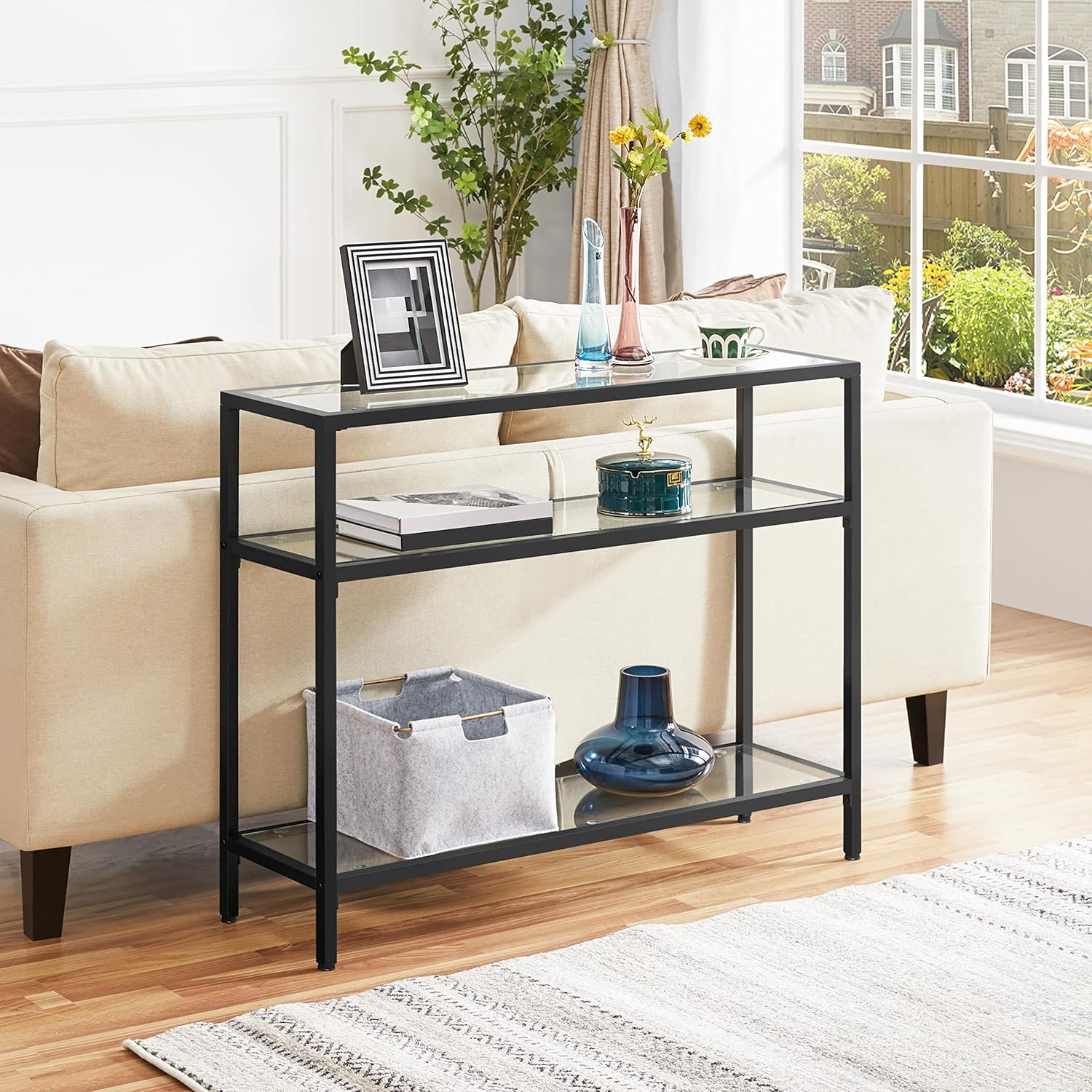 Yaheetech 39.5" Console Table with 3 Storage Shelves,Tempered Glass Sofa Table, Modern Entryway Tables with Metal Frame for Hallway Living Room Bedroom, Easy Assembly, Black