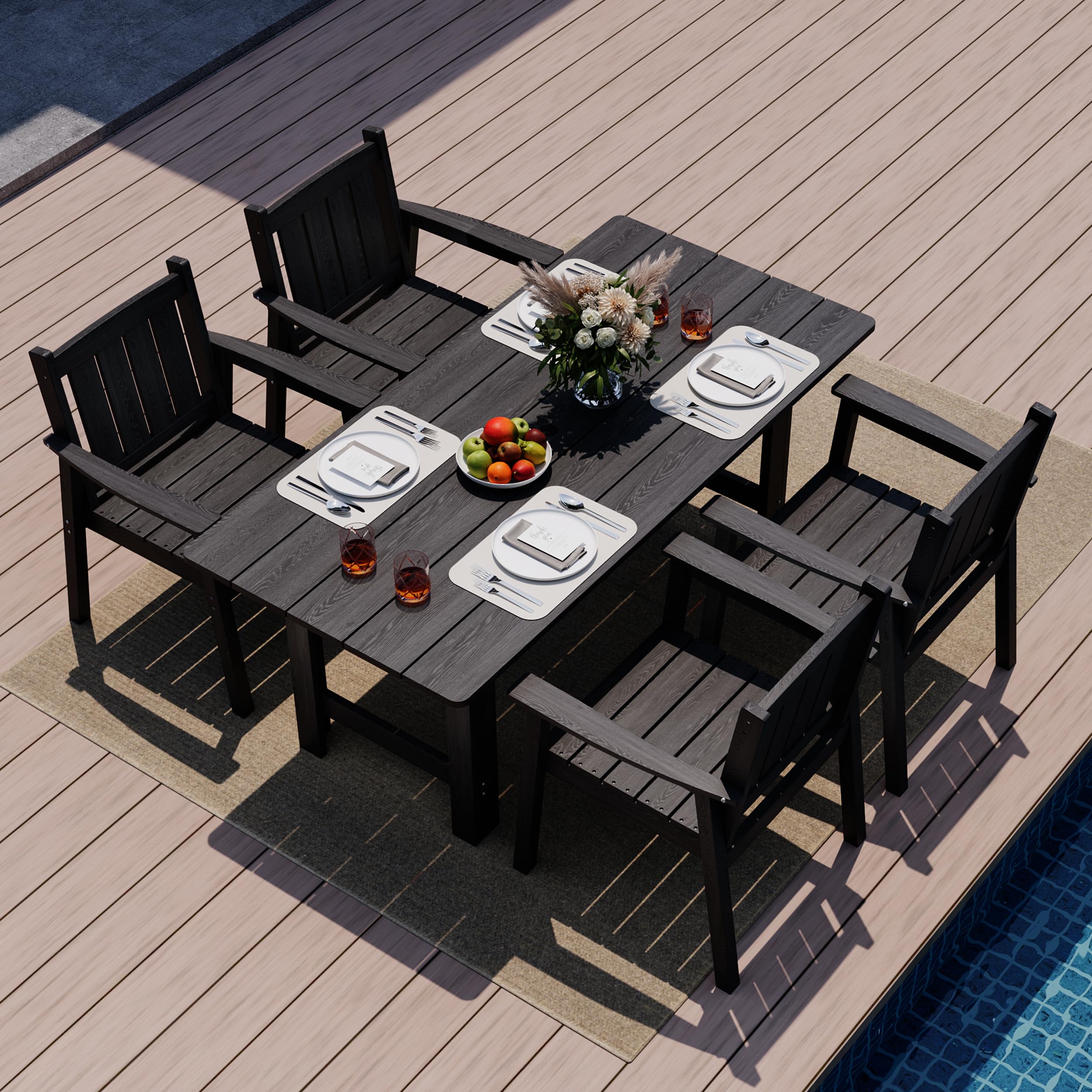 Pamapic 5 PCS Outdoor Dining Set, Spacious HDPE Outdoor Table and Chairs, Wood Grain Patio Furniture Sets with Elegant Armrest, All-Weather Patio Dining Table with Umbrella Hole, Gray