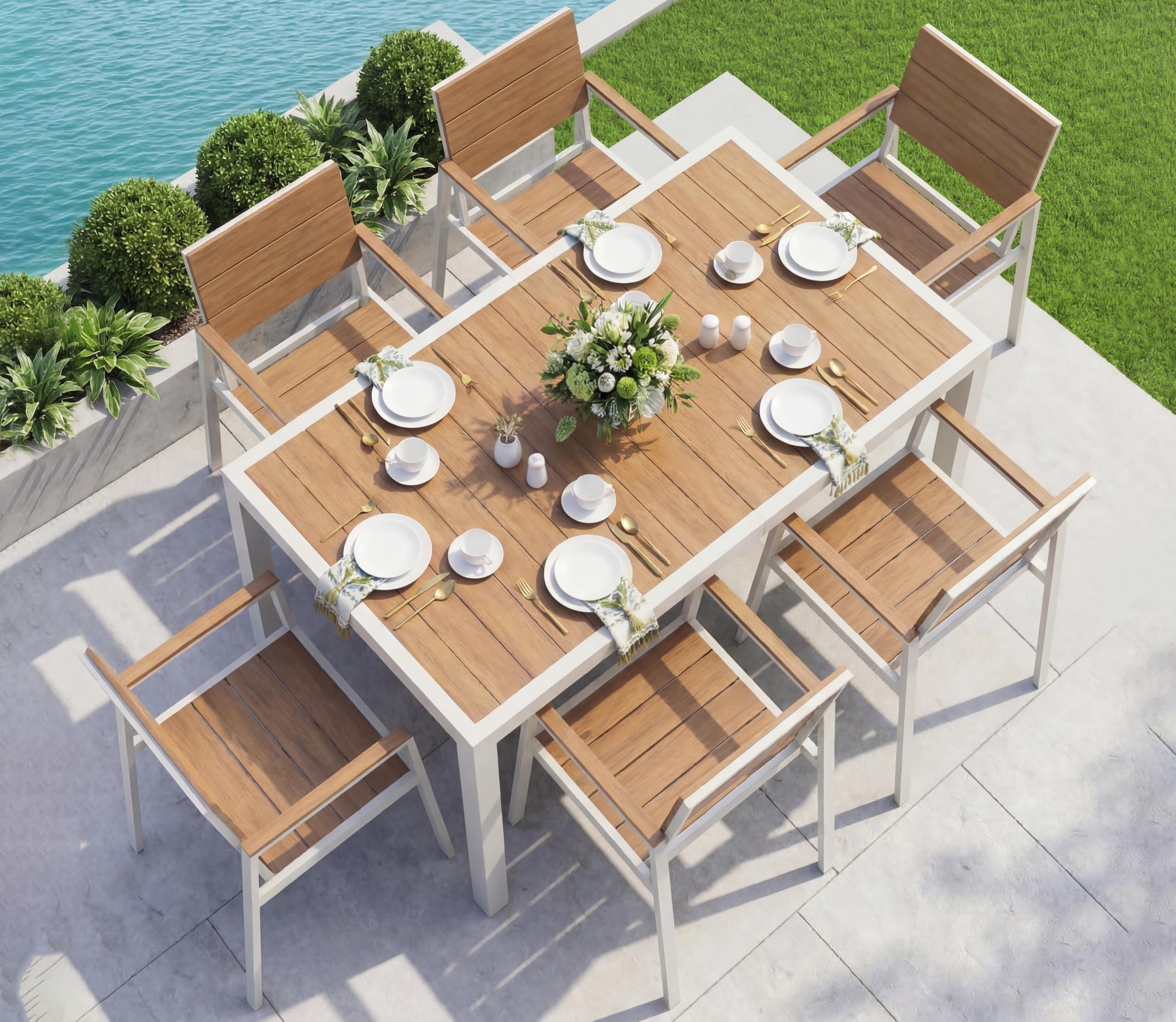 Vexwalx 7-Piece Outdoor Dining Set, Aluminum Dining Table Set for 6, Patio Table and Chairs Set with Umbrella Hole, All Weather HDPS Outdoor Table and Chairs for 6 (Gray-Teak)