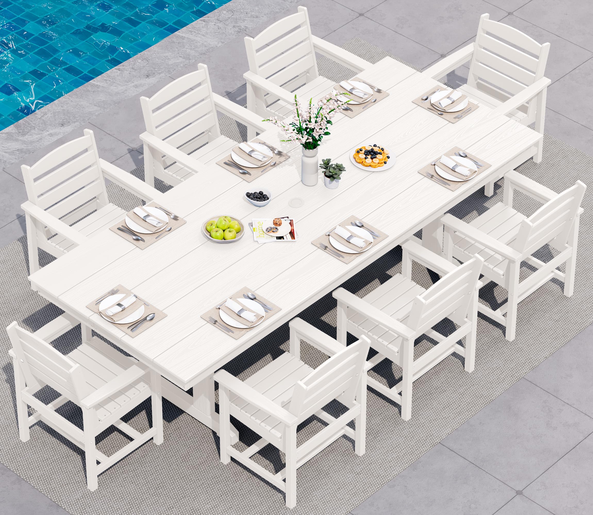 SERWALL 9 Piece Outdoor Dining Set, 84" HDPE Outdoor Table and Chairs for 8，All Weather Patio Dining Furniture Set with Umbrella Hole for Backyard, Garden, Black