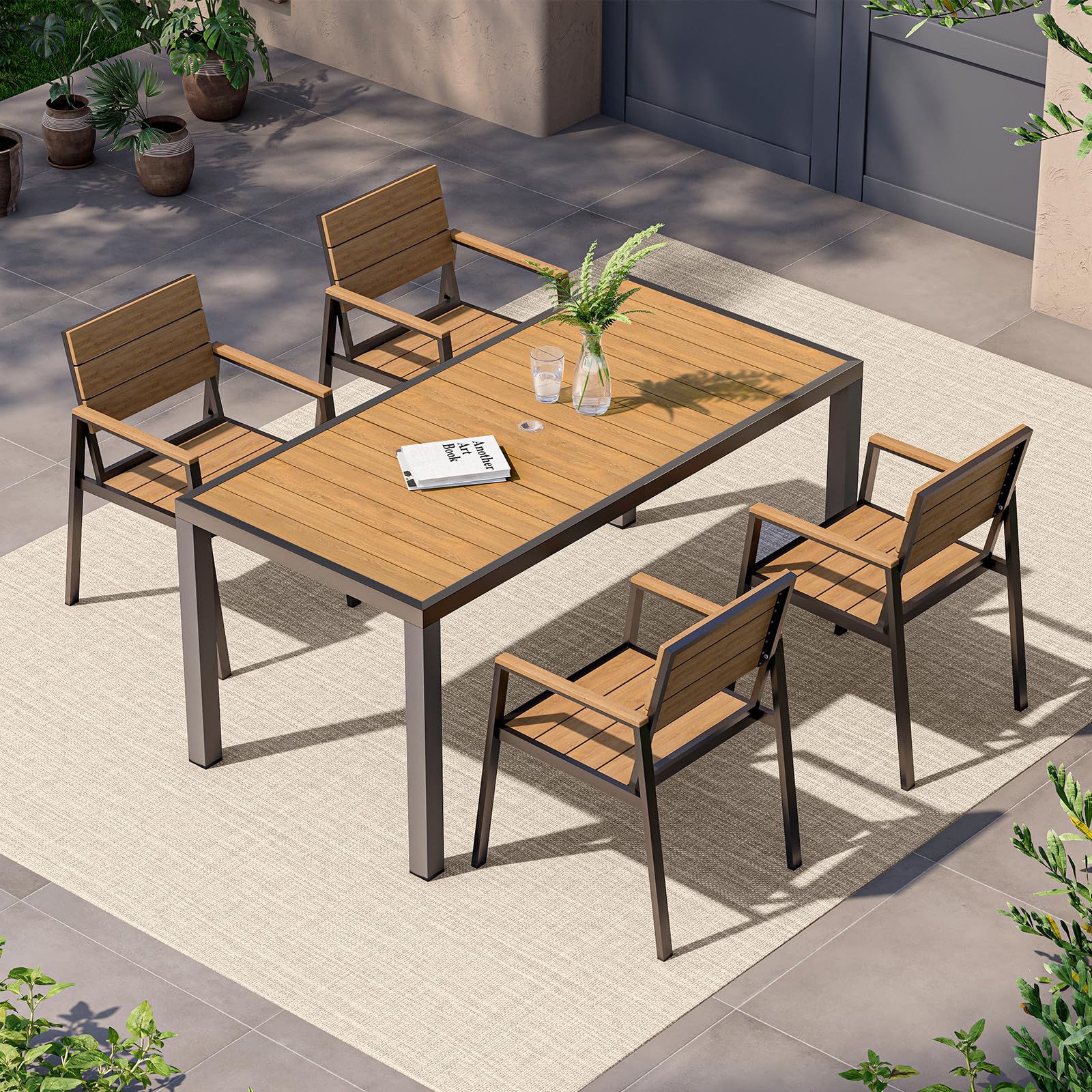 Vexwalx 7-Piece Outdoor Dining Set, Aluminum Dining Table Set for 6, Patio Table and Chairs Set with Umbrella Hole, All Weather HDPS Outdoor Table and Chairs for 6 (Gray-Teak)