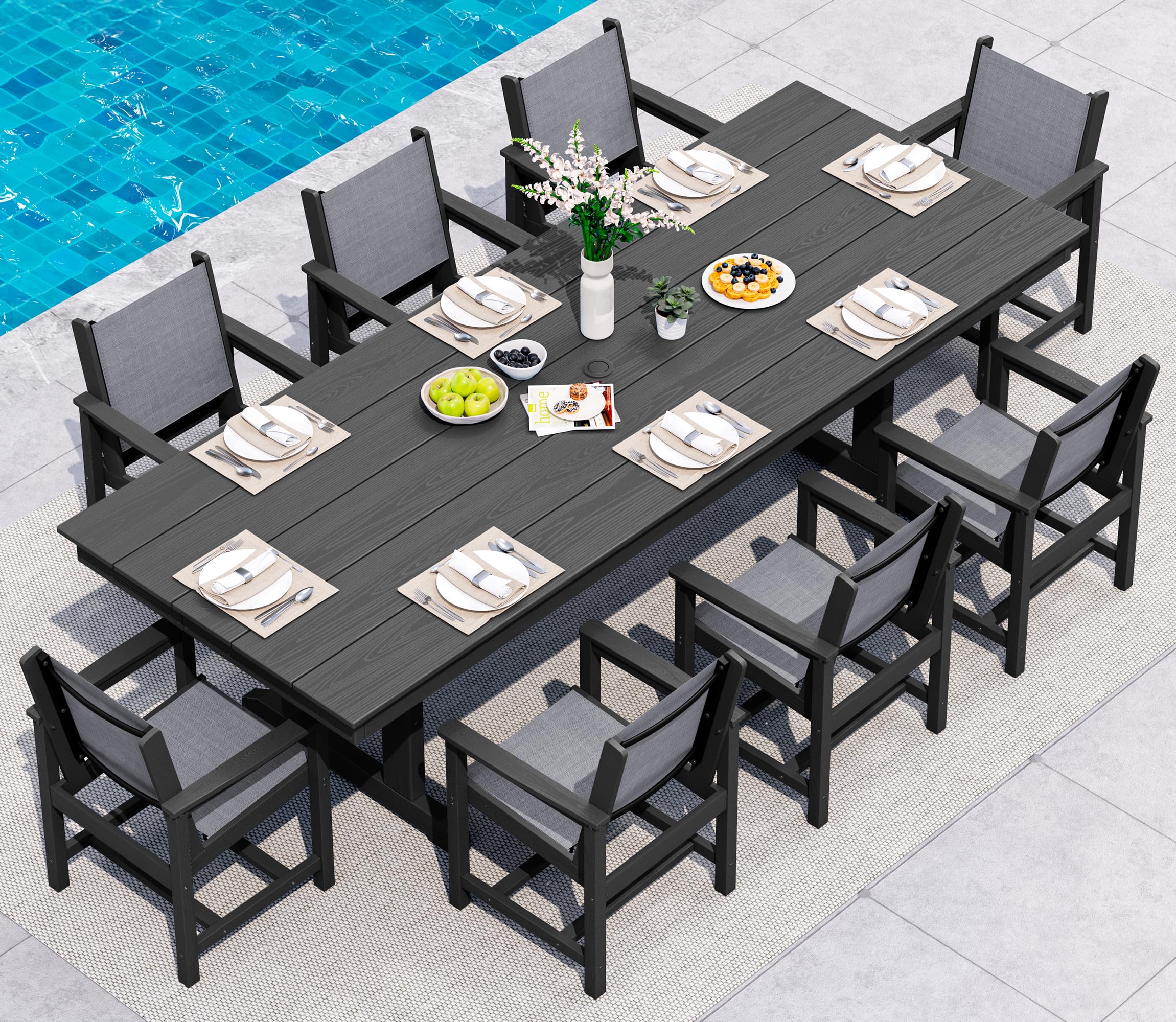 SERWALL 9 Piece Outdoor Dining Set, 84" HDPE Outdoor Table and Chairs for 8，All Weather Patio Dining Furniture Set with Umbrella Hole for Backyard, Garden, Black