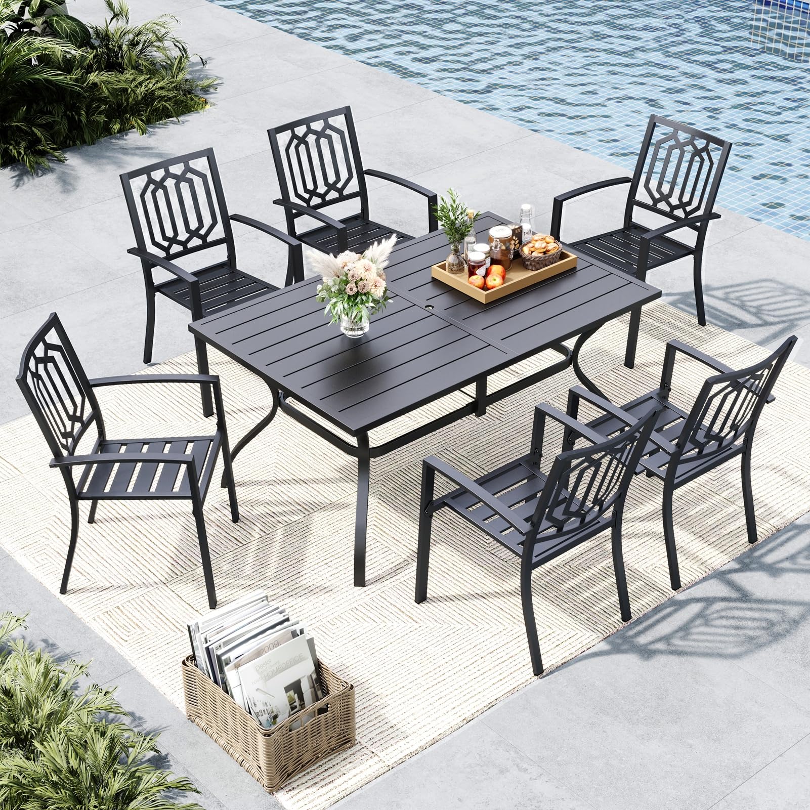 MFSTUDIO Outdoor Dining Set for 6, Patio Table and Chairs Set with Umbrella Hole, 7 Piece Metal Patio Furniture Set for Deck Backyard Poolside Garden
