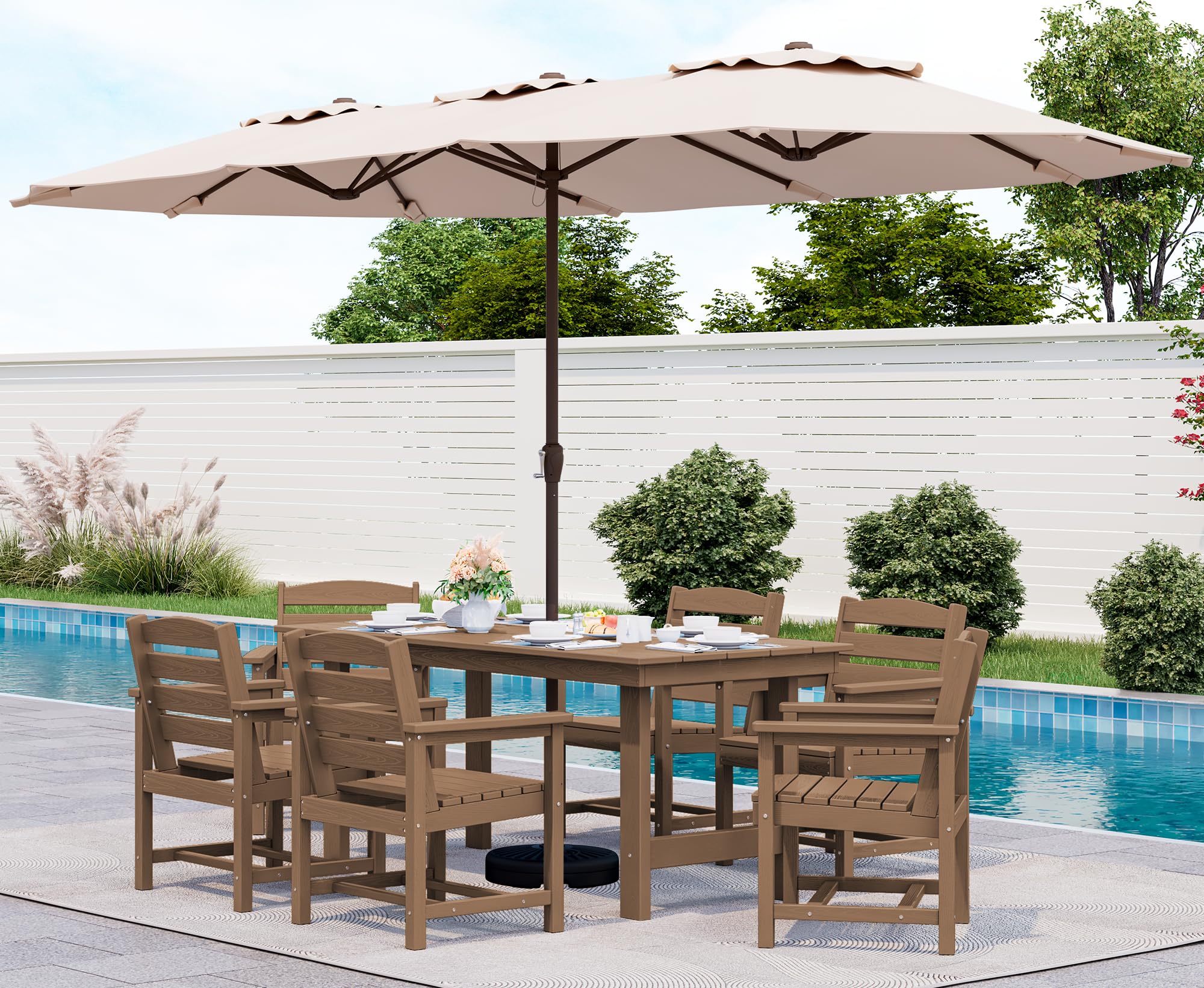 SERWALL Outdoor HDPE Dining Table Set, 7-Piece Outdoor Dining Table Sets with Umbrella Hole Cut-Out Table and 6 Chairs, Gray