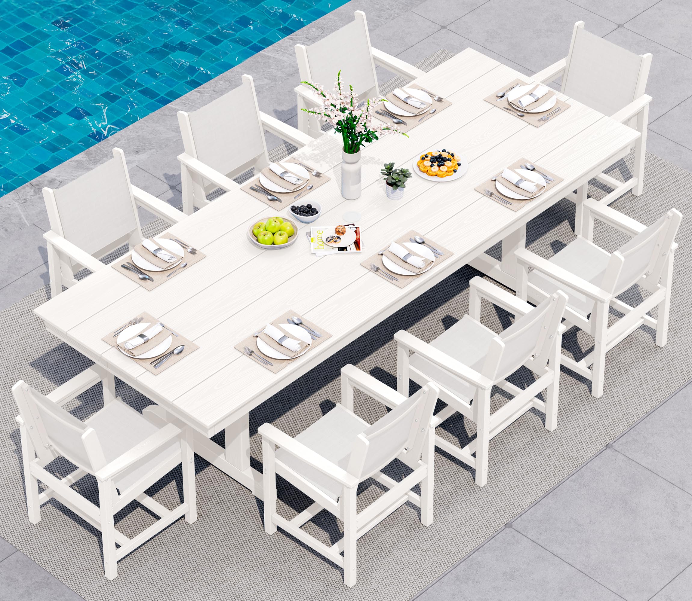 SERWALL 9 Piece Outdoor Dining Set, 84" HDPE Outdoor Table and Chairs for 8，All Weather Patio Dining Furniture Set with Umbrella Hole for Backyard, Garden, Black