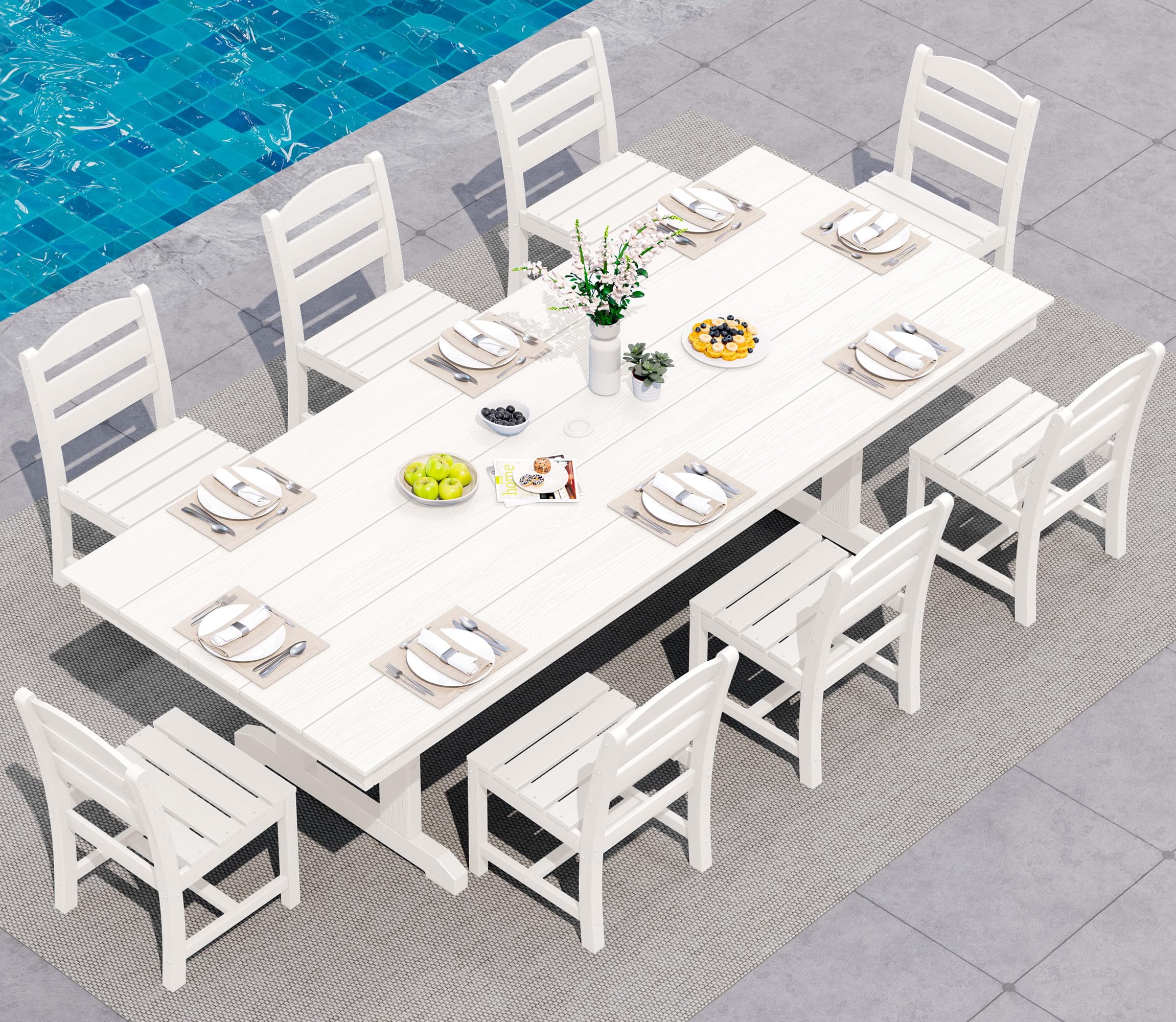 SERWALL 9 Piece Outdoor Dining Set, 84" HDPE Outdoor Table and Chairs for 8，All Weather Patio Dining Furniture Set with Umbrella Hole for Backyard, Garden, Black