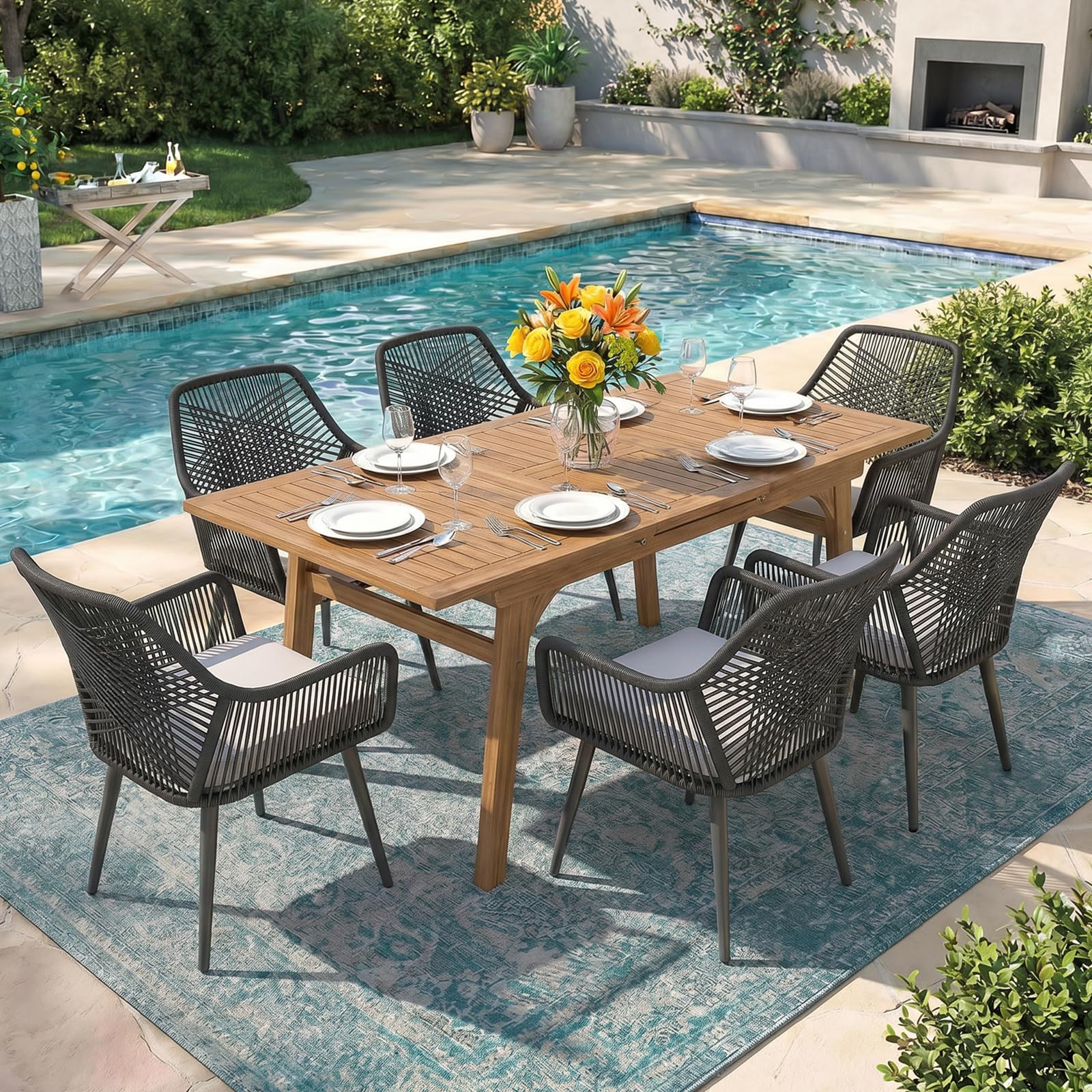 Patiorama 7-Piece Outdoor Dining Set, Patio Wicker Dining Table Chair Set with 55"-71" Acacia Wood Expandable Table & Twisted Rattan Rope Chairs, All-Weather Dining Furniture Set for Yard Garden, Tan