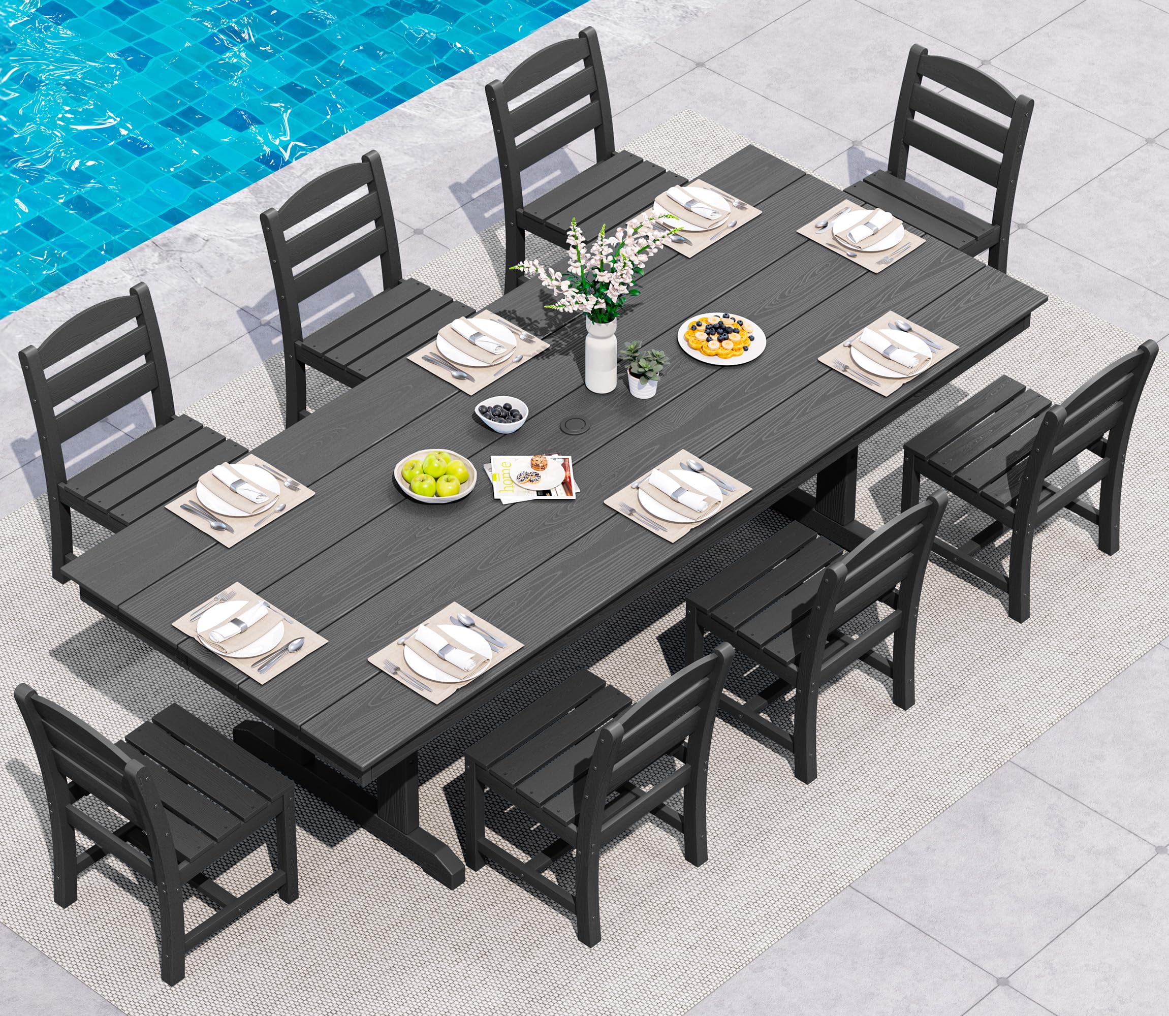 SERWALL 9 Piece Outdoor Dining Set, 84" HDPE Outdoor Table and Chairs for 8，All Weather Patio Dining Furniture Set with Umbrella Hole for Backyard, Garden, Black