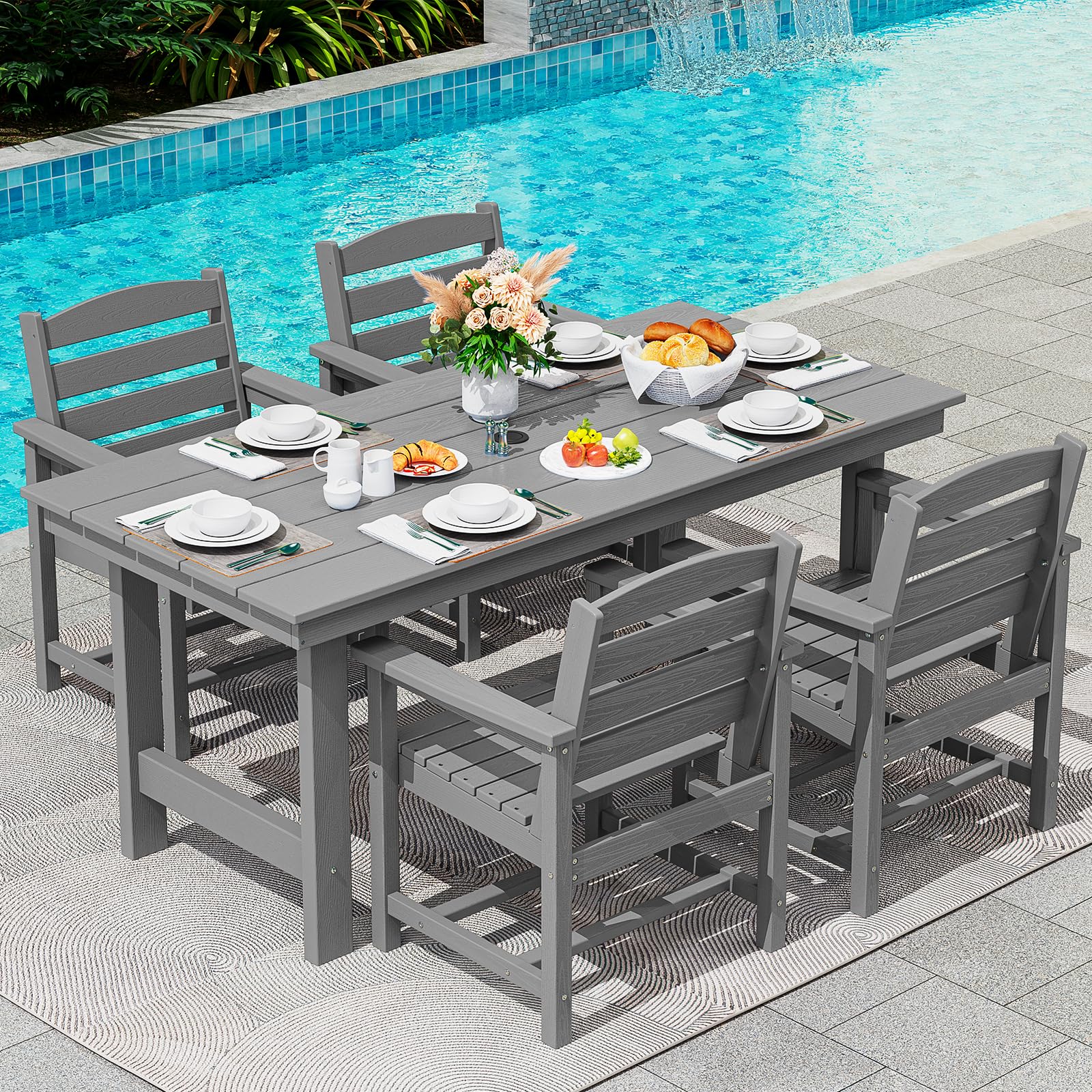 SERWALL Outdoor HDPE Dining Table Set, 7-Piece Outdoor Dining Table Sets with Umbrella Hole Cut-Out Table and 6 Chairs, Gray