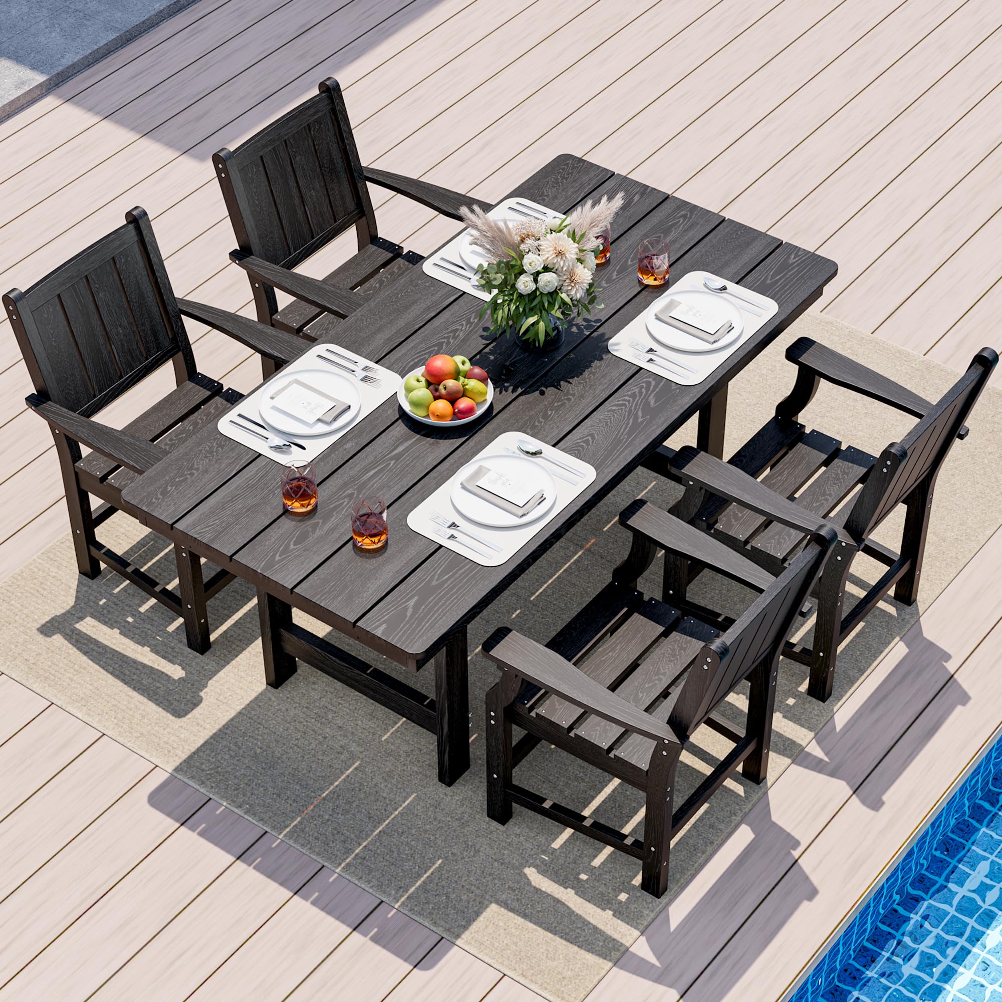 Pamapic 5 PCS Outdoor Dining Set, Spacious HDPE Outdoor Table and Chairs, Wood Grain Patio Furniture Sets with Elegant Armrest, All-Weather Patio Dining Table with Umbrella Hole, Gray