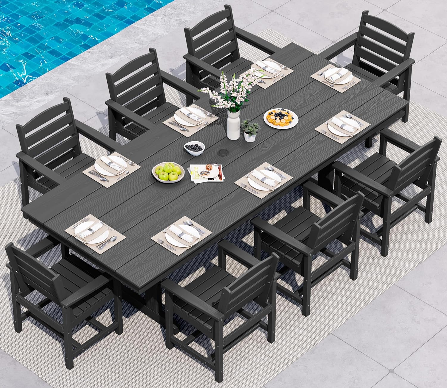 SERWALL 9 Piece Outdoor Dining Set, 84" HDPE Outdoor Table and Chairs for 8，All Weather Patio Dining Furniture Set with Umbrella Hole for Backyard, Garden, Black