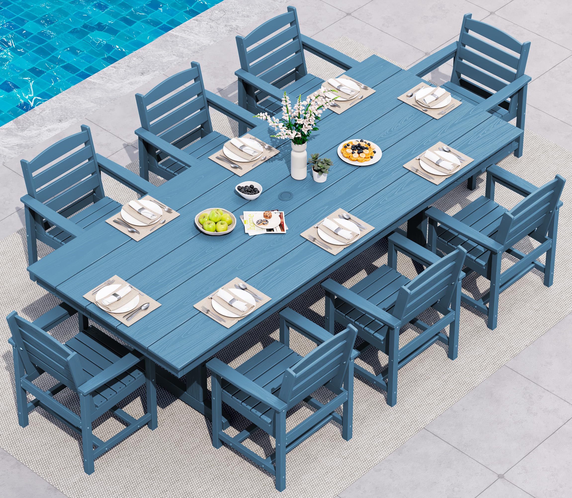 SERWALL 9 Piece Outdoor Dining Set, 84" HDPE Outdoor Table and Chairs for 8，All Weather Patio Dining Furniture Set with Umbrella Hole for Backyard, Garden, Black