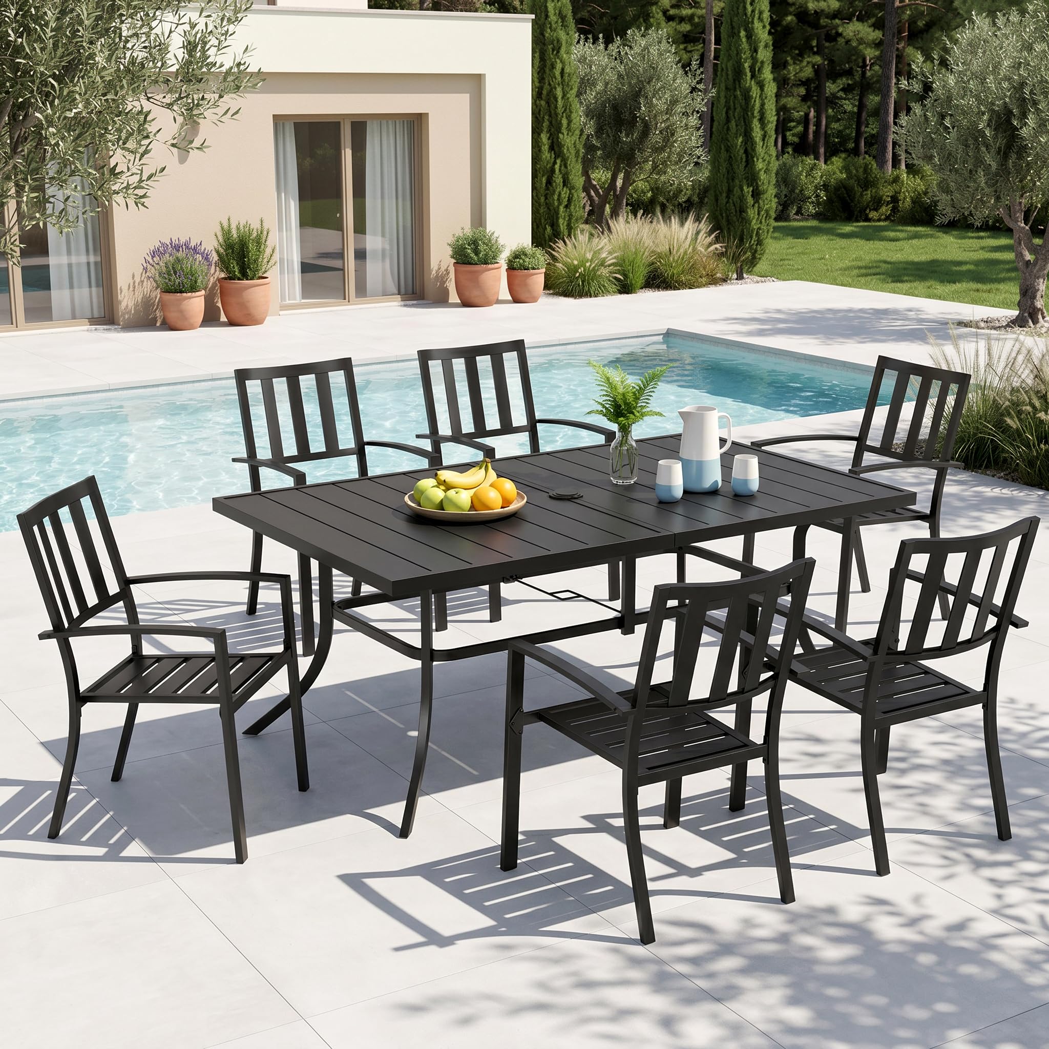MFSTUDIO Outdoor Dining Set for 6, Patio Table and Chairs Set with Umbrella Hole, 7 Piece Metal Patio Furniture Set for Deck Backyard Poolside Garden