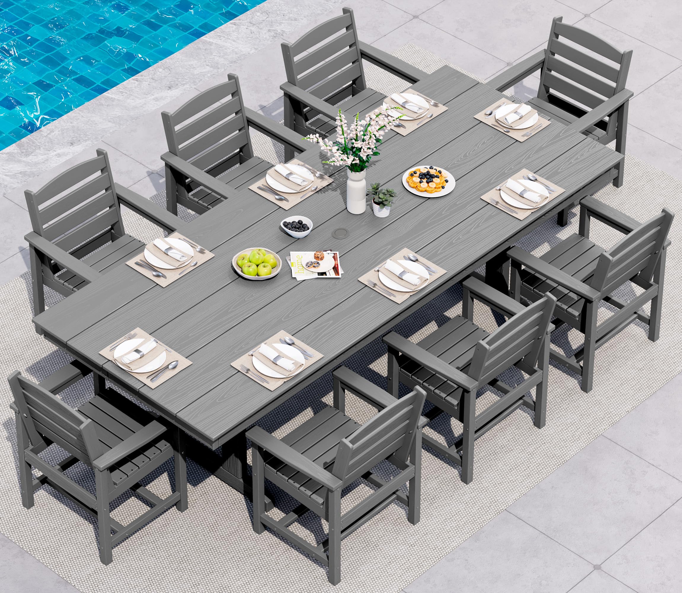 SERWALL 9 Piece Outdoor Dining Set, 84" HDPE Outdoor Table and Chairs for 8，All Weather Patio Dining Furniture Set with Umbrella Hole for Backyard, Garden, Black