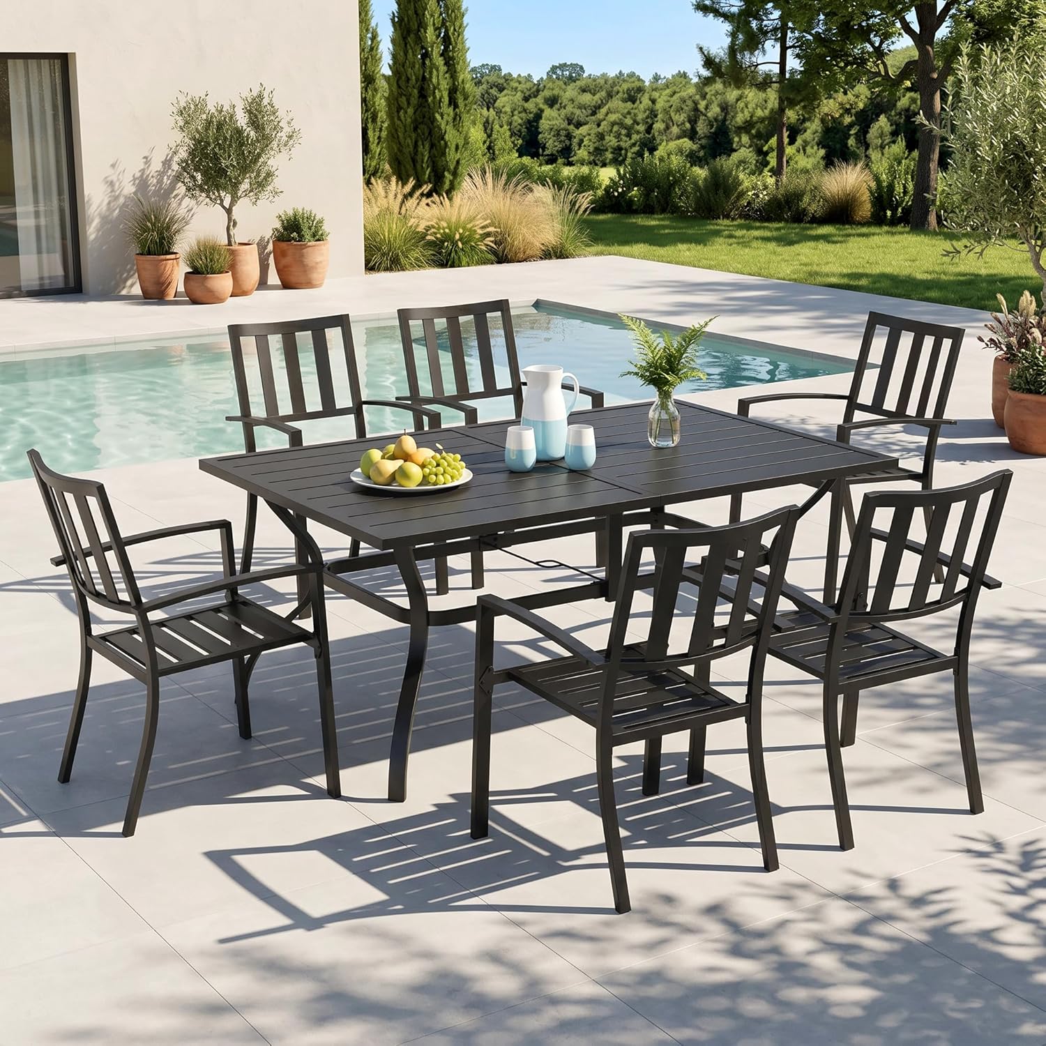 MFSTUDIO Outdoor Dining Set for 6, Patio Table and Chairs Set with Umbrella Hole, 7 Piece Metal Patio Furniture Set for Deck Backyard Poolside Garden