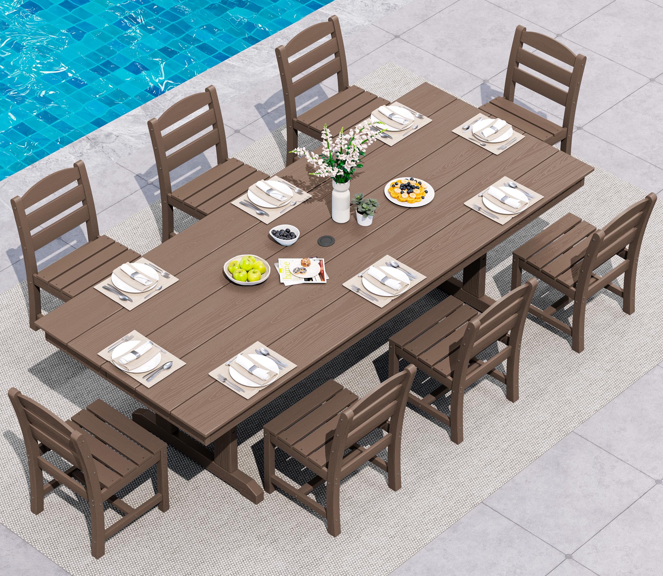 SERWALL 9 Piece Outdoor Dining Set, 84" HDPE Outdoor Table and Chairs for 8，All Weather Patio Dining Furniture Set with Umbrella Hole for Backyard, Garden, Black