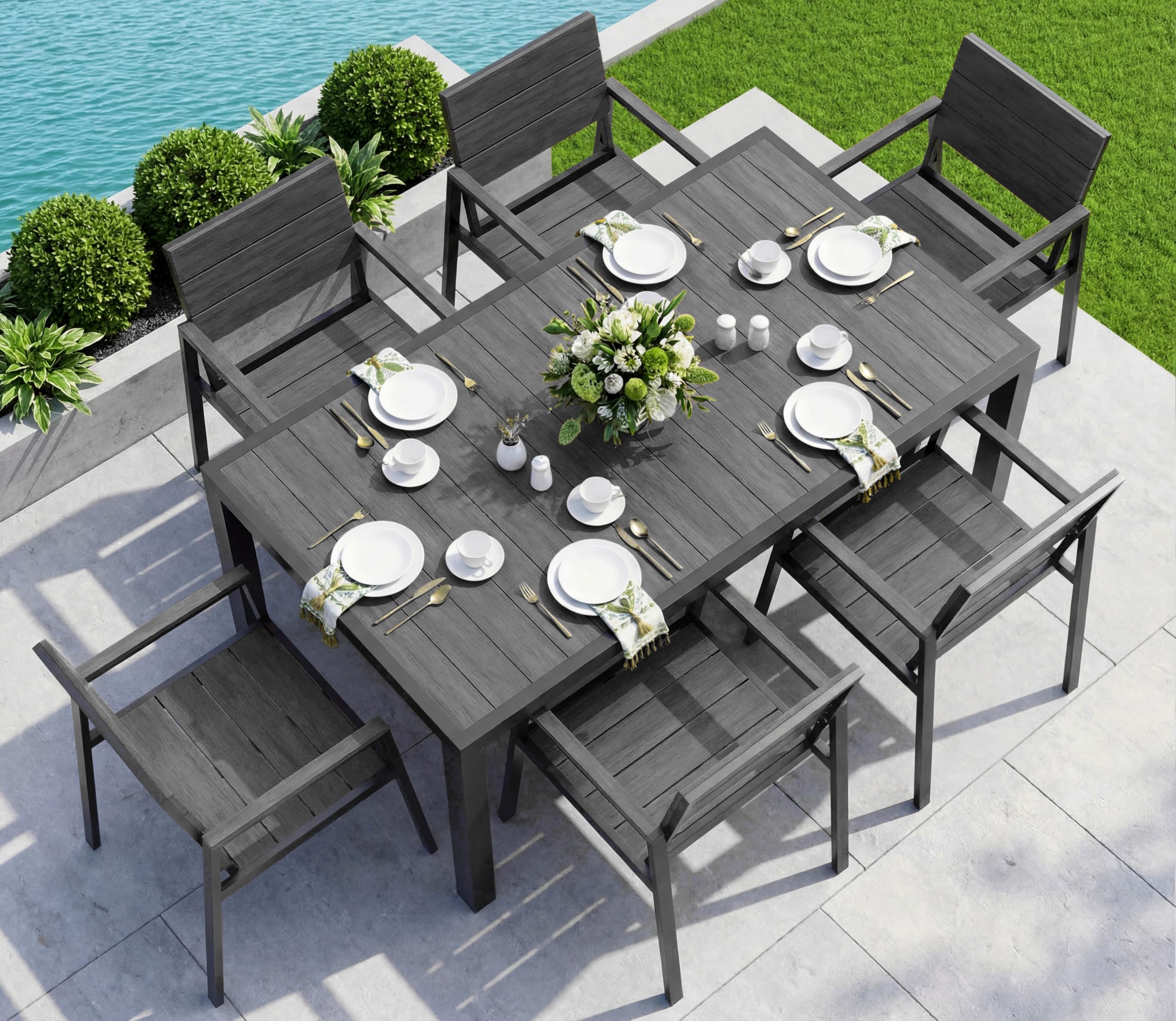 Vexwalx 7-Piece Outdoor Dining Set, Aluminum Dining Table Set for 6, Patio Table and Chairs Set with Umbrella Hole, All Weather HDPS Outdoor Table and Chairs for 6 (Gray-Teak)