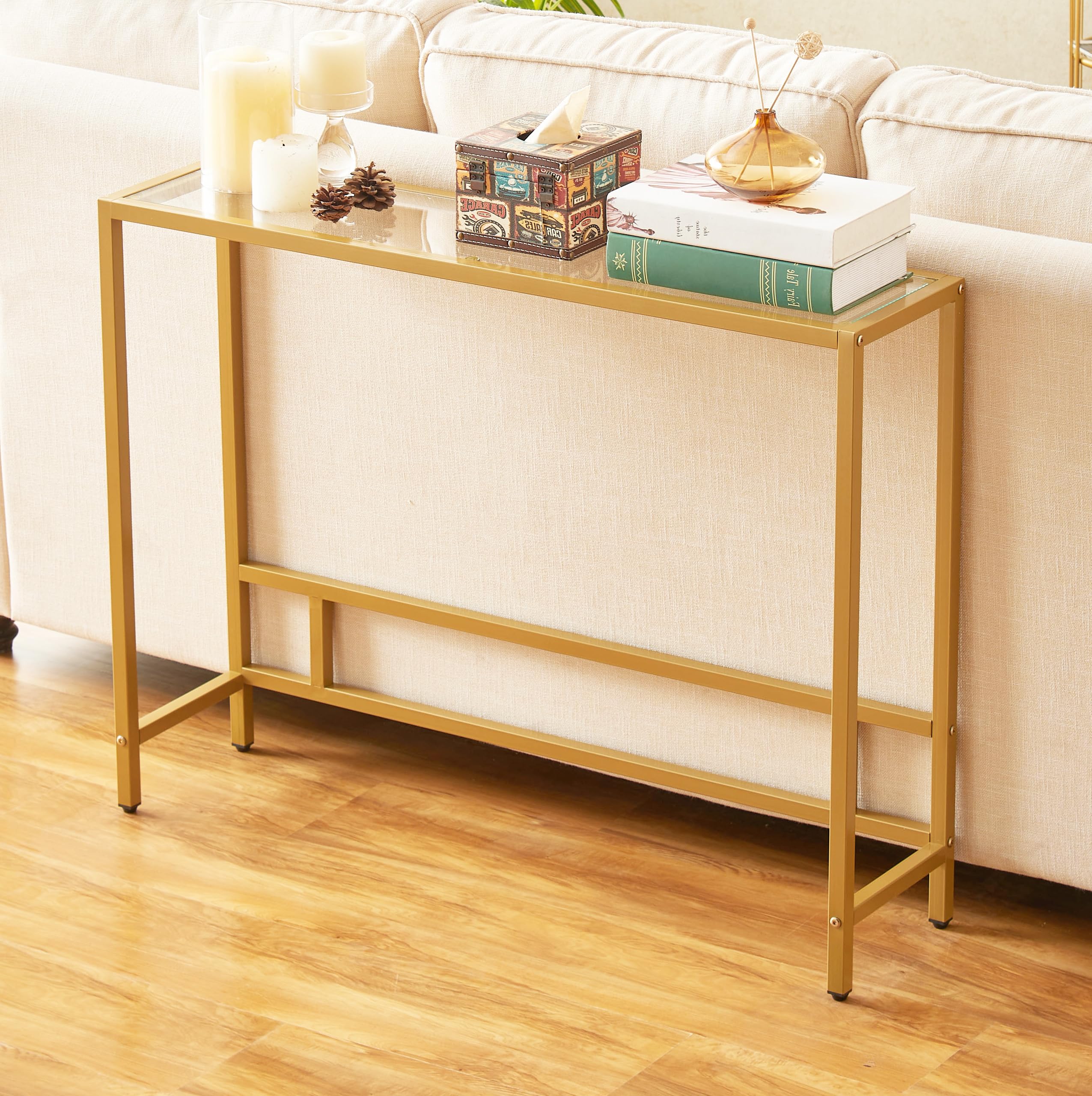 MAJARO Small Modern Console Table for Entryway, Tempered Glass with Metal Frame Sofa Table for Living Room, Hallway, Office (Single-Layer, Black)